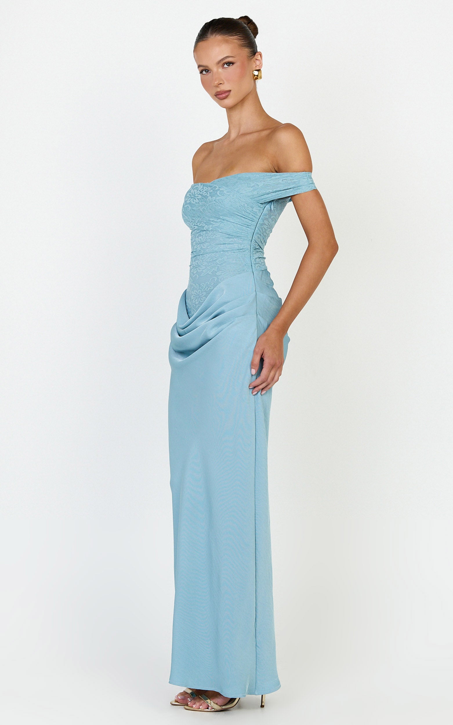 Thalassa Maxi Dress - Lace Off Shoulder Contrast Draped Cowl Waist Dress in Light Blue