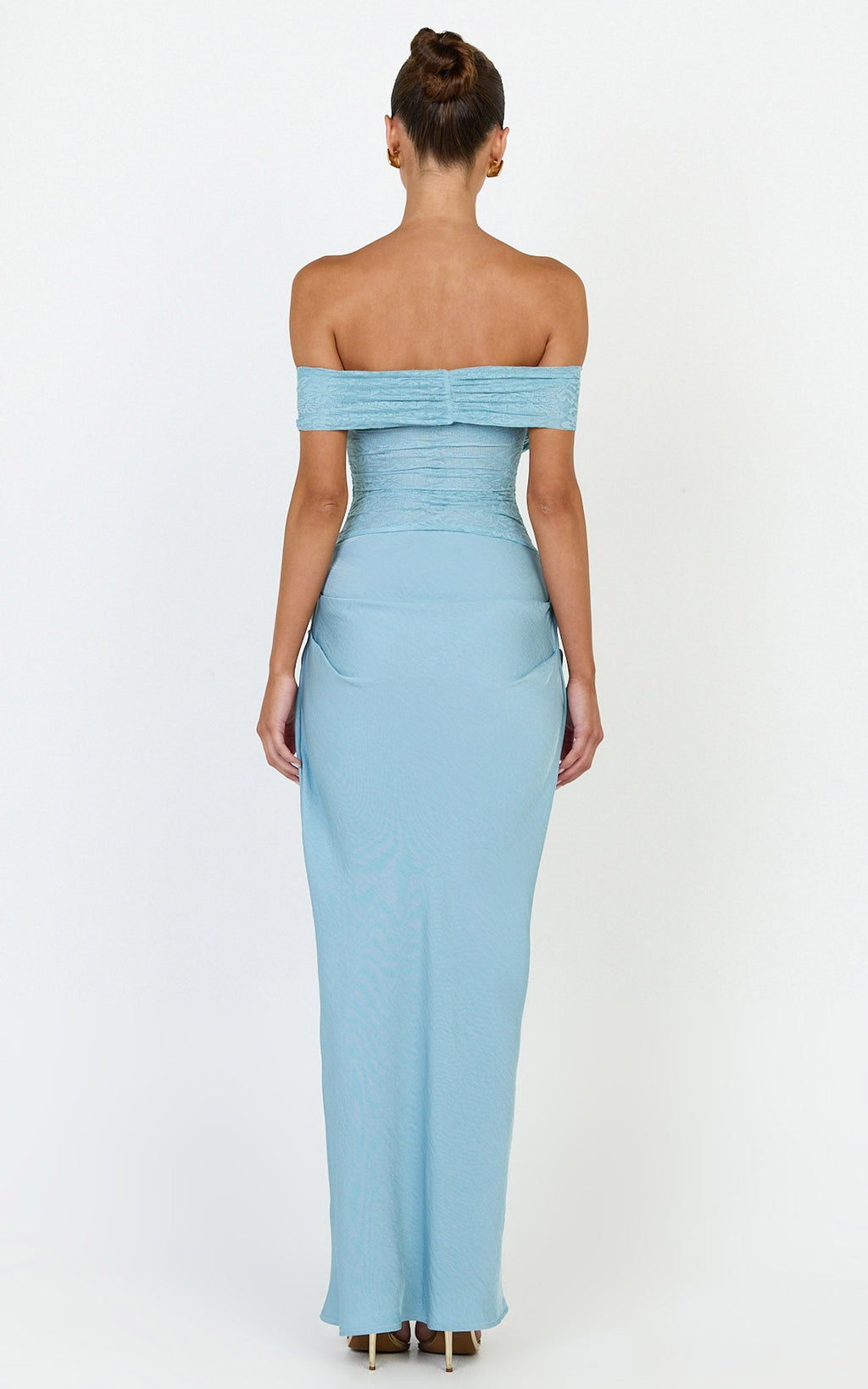 Thalassa Maxi Dress - Lace Off Shoulder Contrast Draped Cowl Waist Dress in Light Blue