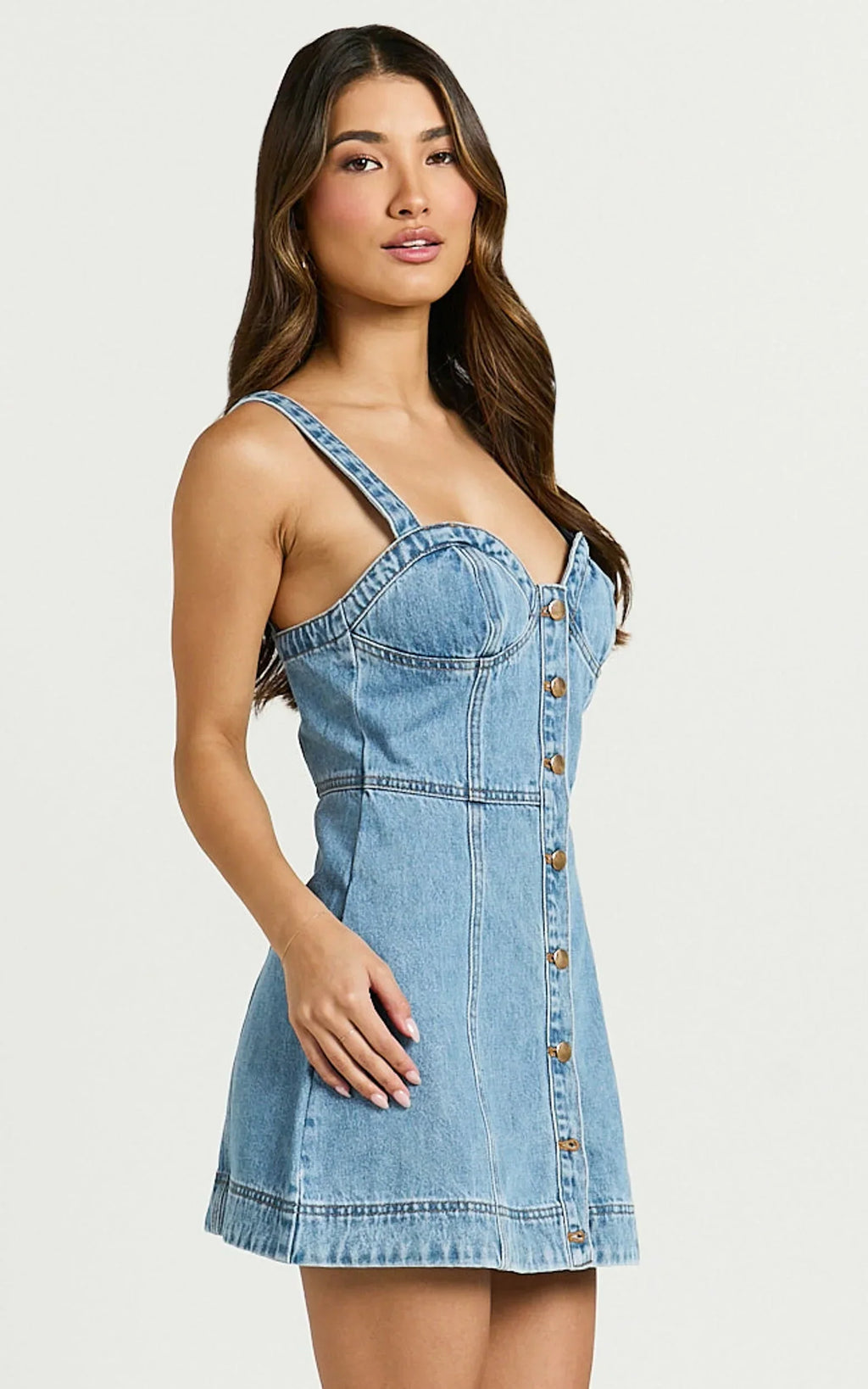 Alena Mini Dress - Sweetheart Button Down Sleeveless Bodycon Denim Dress in Mid Blue Wash