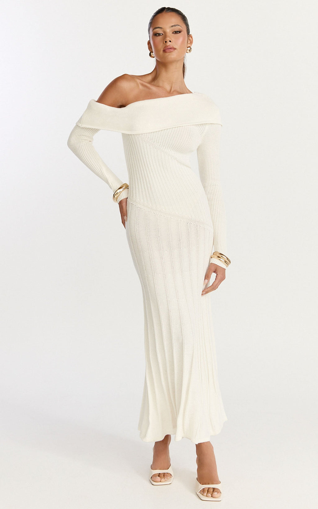 Elaine Midi Dress - Knit Off Shoulder Asymmetric Panel Dress in Cream