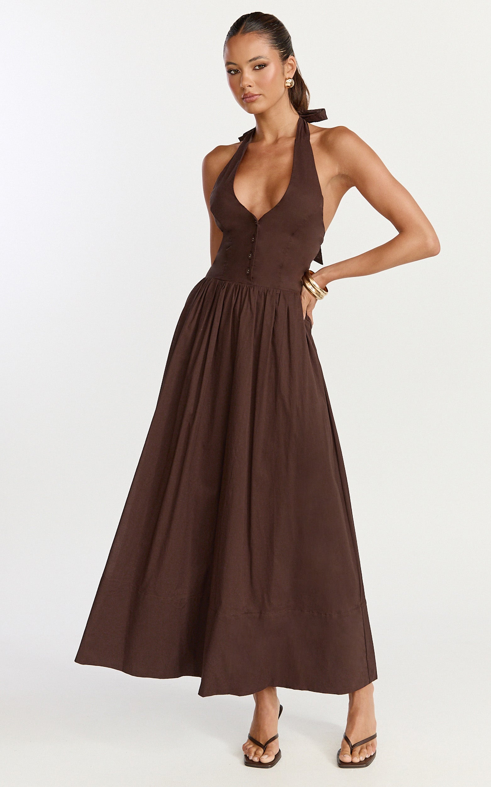 Everly Midi Dress - Tie Halter Neck Button Down Bodice Fit And Flare Dress in Chocolate
