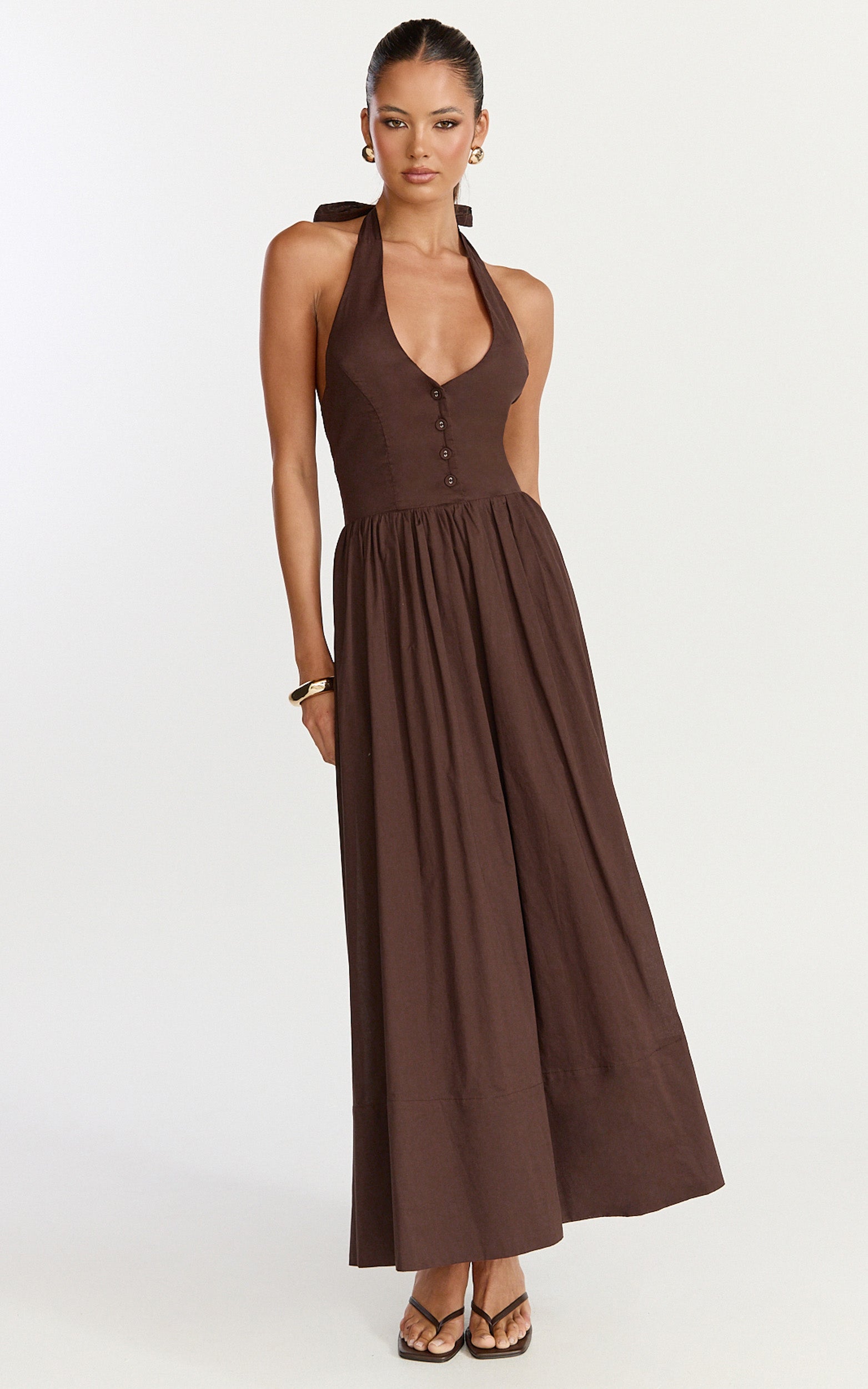 Everly Midi Dress - Tie Halter Neck Button Down Bodice Fit And Flare Dress in Chocolate