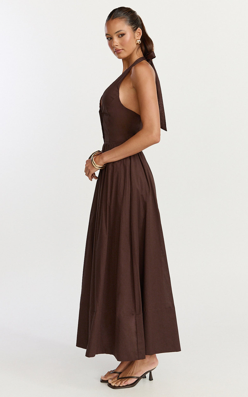 Everly Midi Dress - Tie Halter Neck Button Down Bodice Fit And Flare Dress in Chocolate