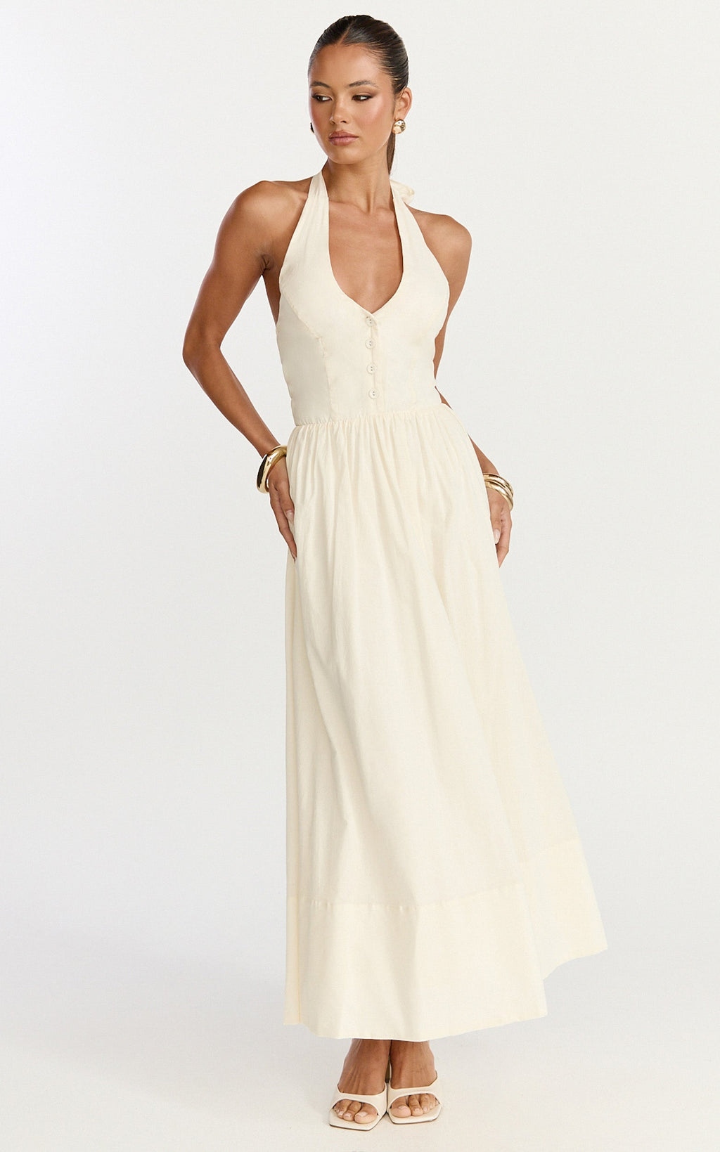 Everly Midi Dress - Tie Halter Neck Button Down Bodice Fit And Flare Dress in Cream