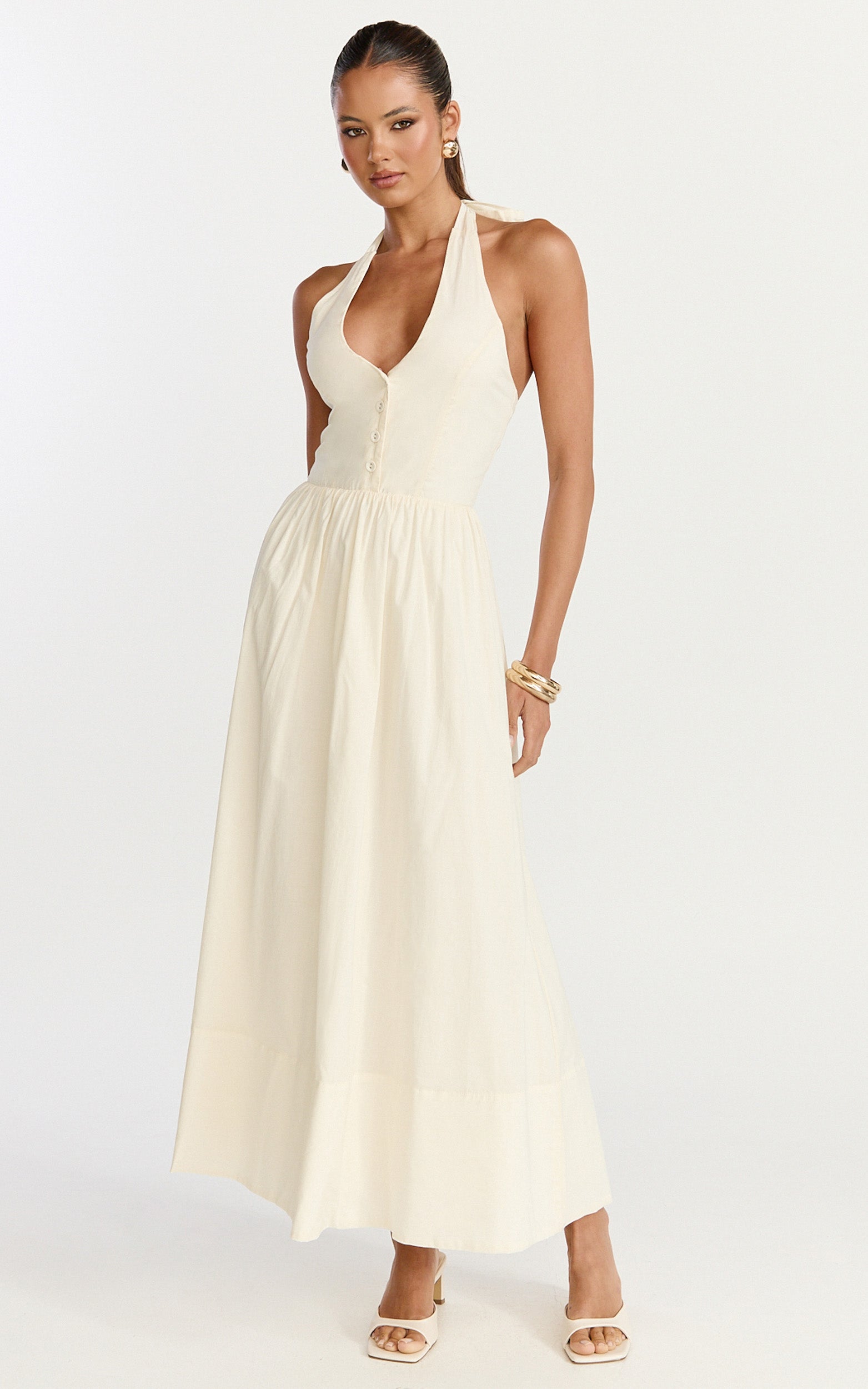 Everly Midi Dress - Tie Halter Neck Button Down Bodice Fit And Flare Dress in Cream