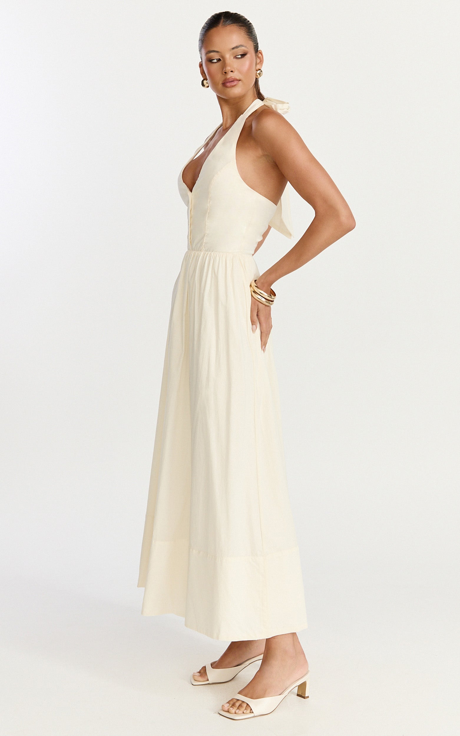 Everly Midi Dress - Tie Halter Neck Button Down Bodice Fit And Flare Dress in Cream