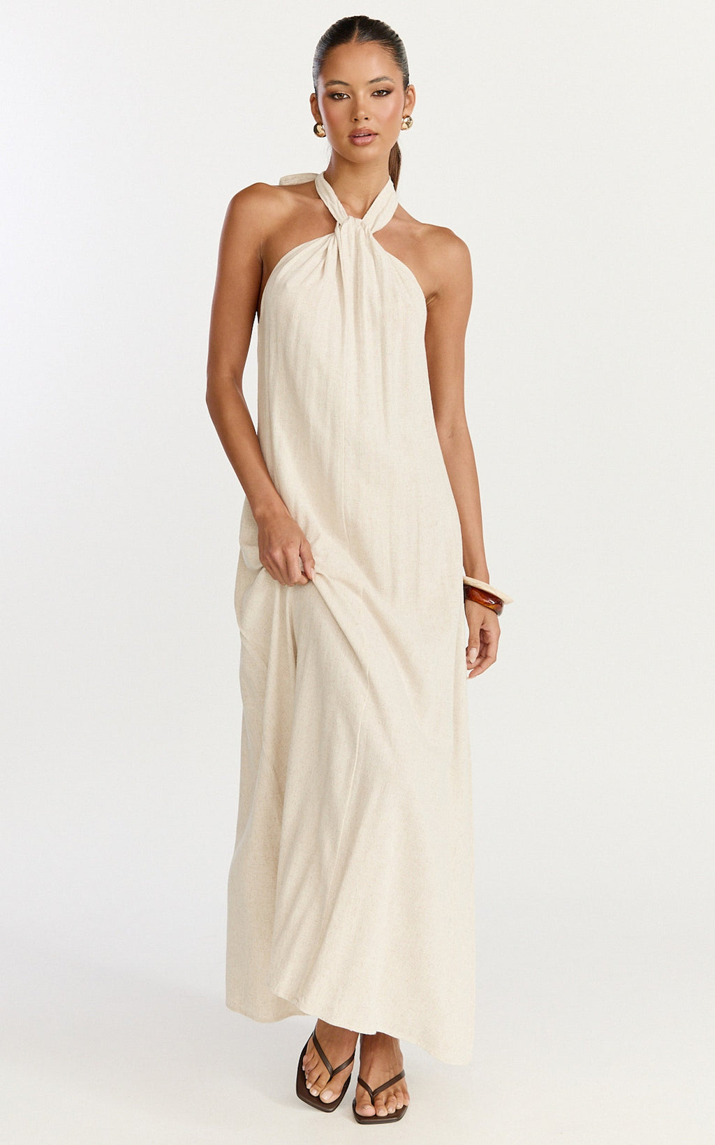 Hilda Maxi Dress - Knot Detail Halter Neck Maxi Dress in Natural