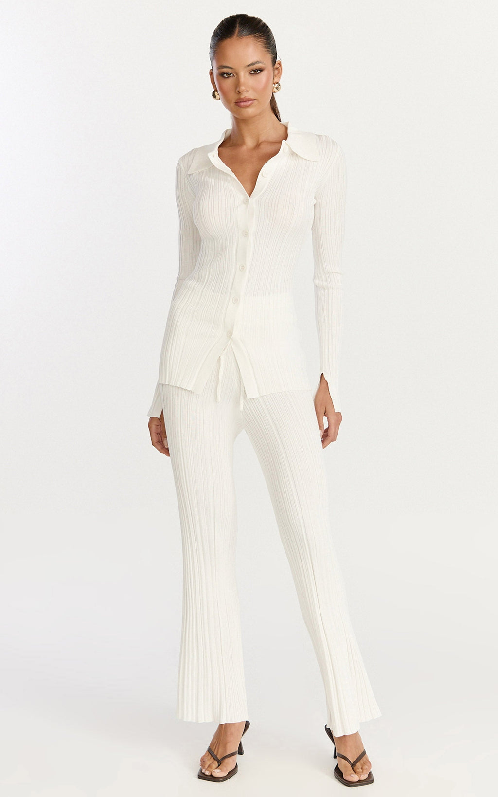 Kelsey Top - Button Through Long Sleeve Knitted Top in Cream