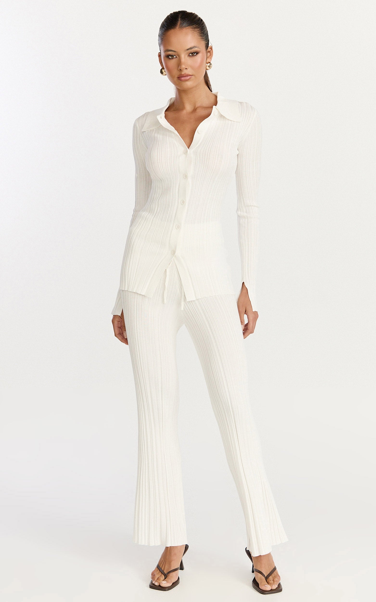 Kelsey Top - Button Through Long Sleeve Knitted Top in Cream