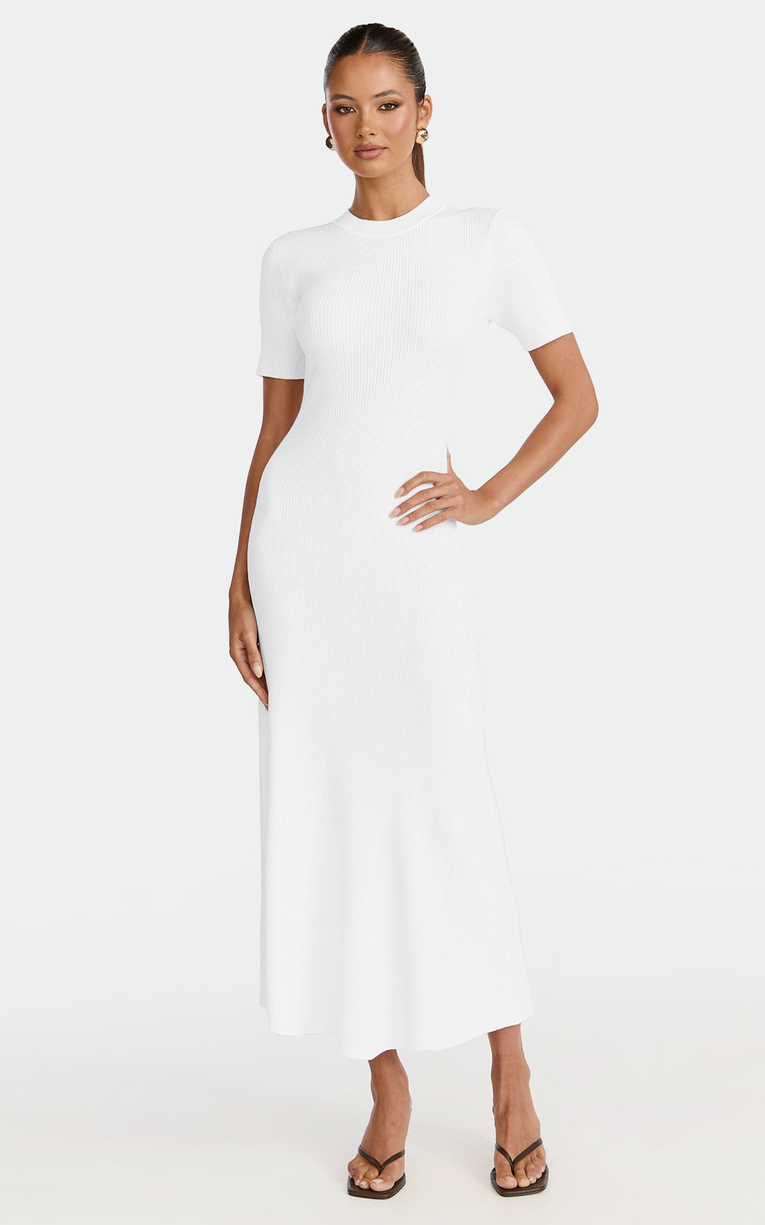Lanie Midi Dress - Knitted Crew Neck Short Sleeve Dress in Cream