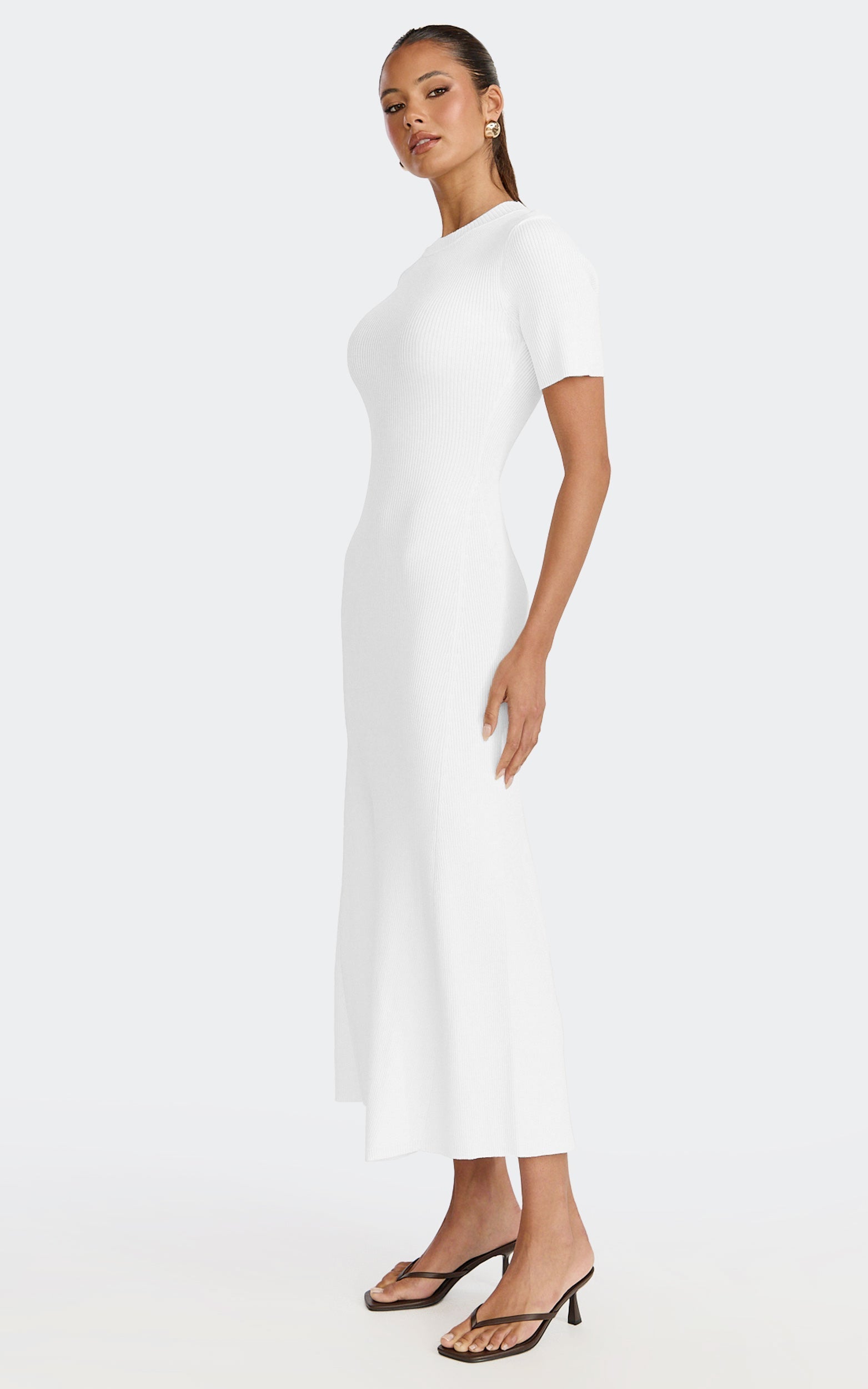 Lanie Midi Dress - Knitted Crew Neck Short Sleeve Dress in Cream