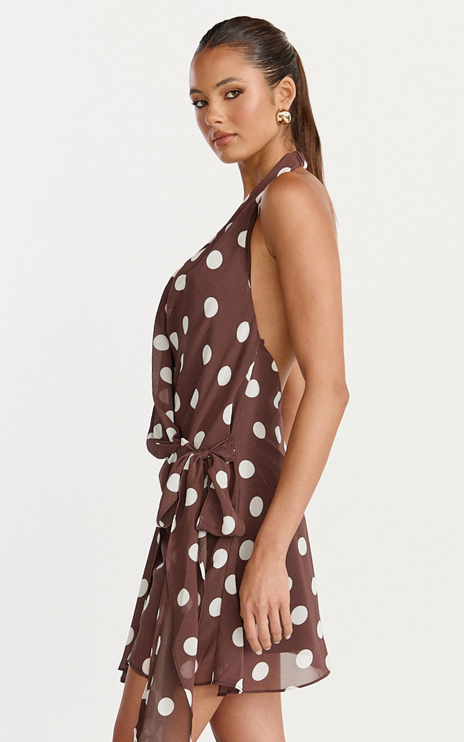 Lia Mini Dress - Wrap Around Dress in Choc Polka Dot