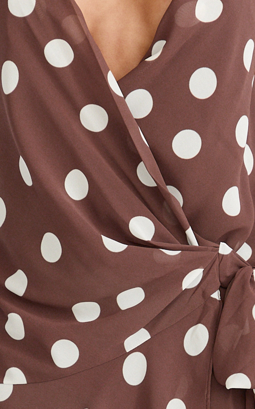 Lia Mini Dress - Wrap Around Dress in Choc Polka Dot
