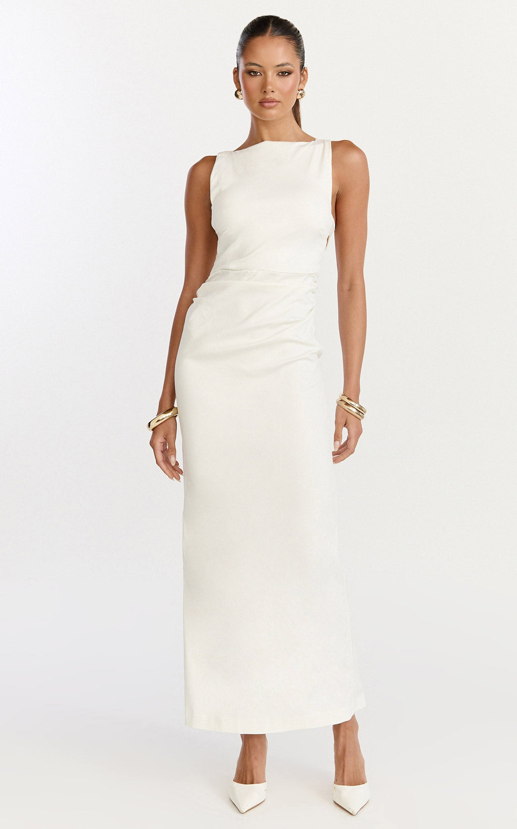 Liora Midi Dress - Boat Neck Side Twist Strap Midi Dress in Ivory
