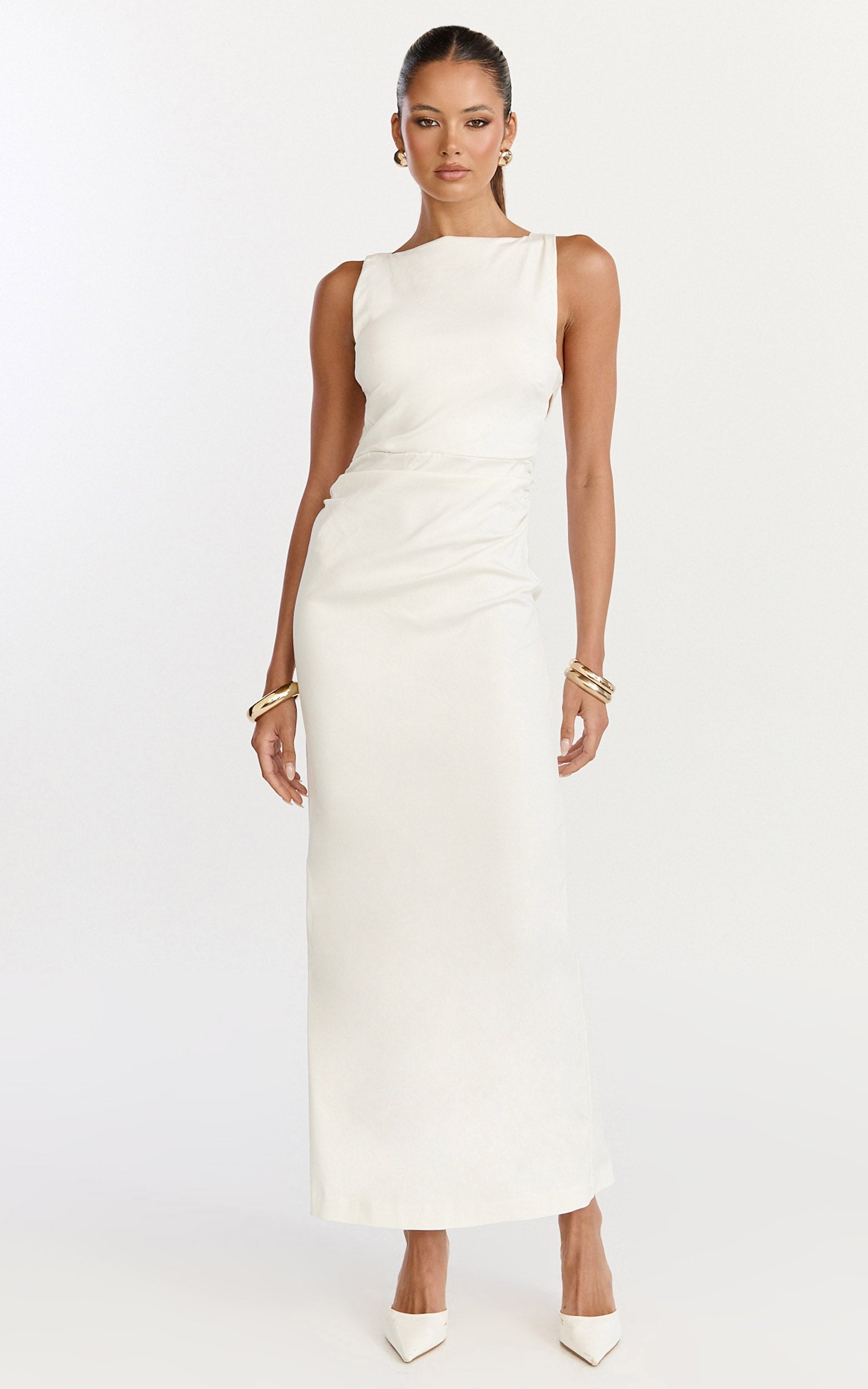 Liora Midi Dress - Boat Neck Side Twist Strap Midi Dress in Ivory