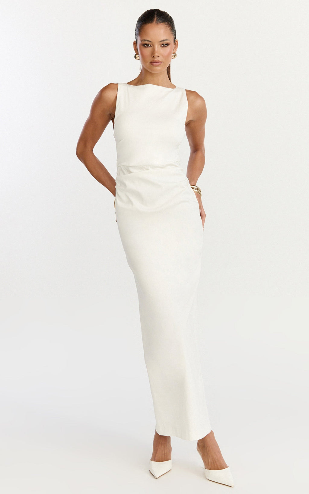 Liora Midi Dress - Boat Neck Side Twist Strap Midi Dress in Ivory