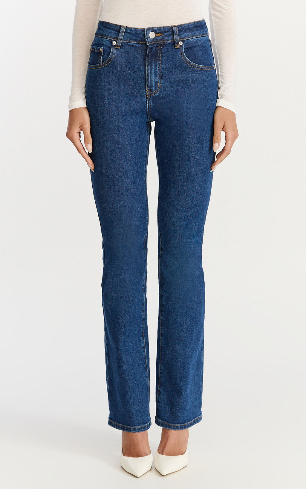 Solenne Jeans - High Waist Skinny Bootcut Leg Jeans in Dark Mid Blue Wash