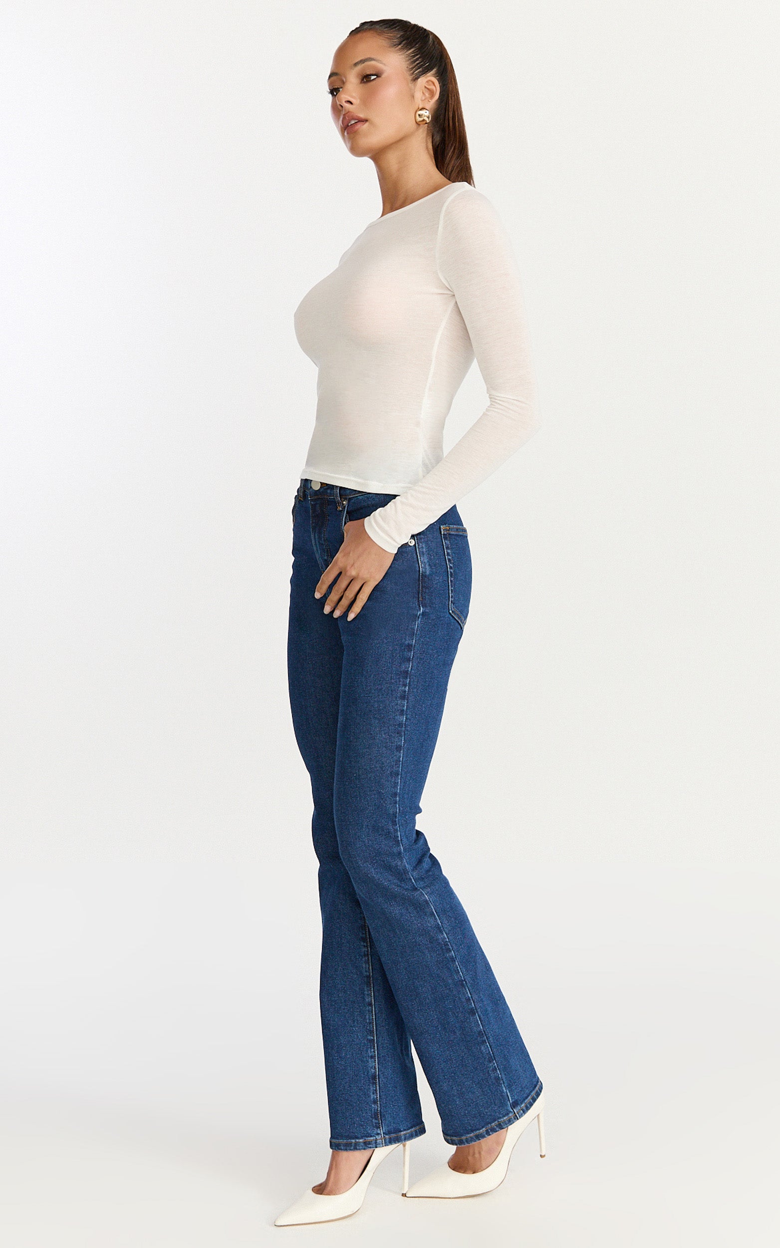 Solenne Jeans - High Waist Skinny Bootcut Leg Jeans in Dark Mid Blue Wash