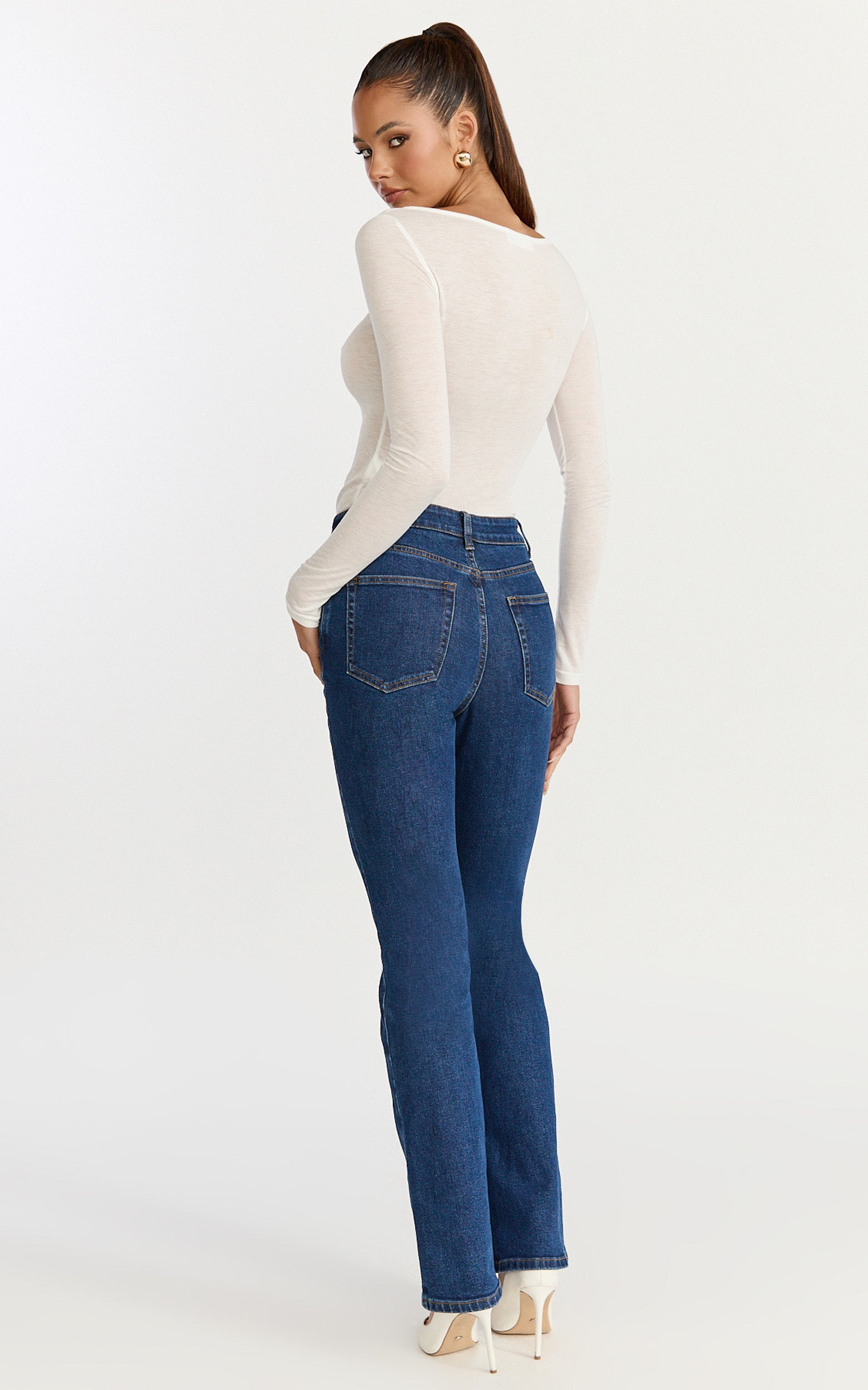 Solenne Jeans - High Waist Skinny Bootcut Leg Jeans in Dark Mid Blue Wash