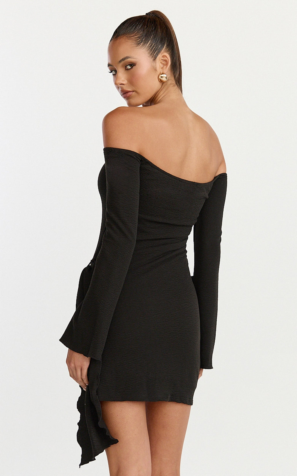 Noah Mini Dress - Off Shoulder Draped Skirt Jersey Dress in Black