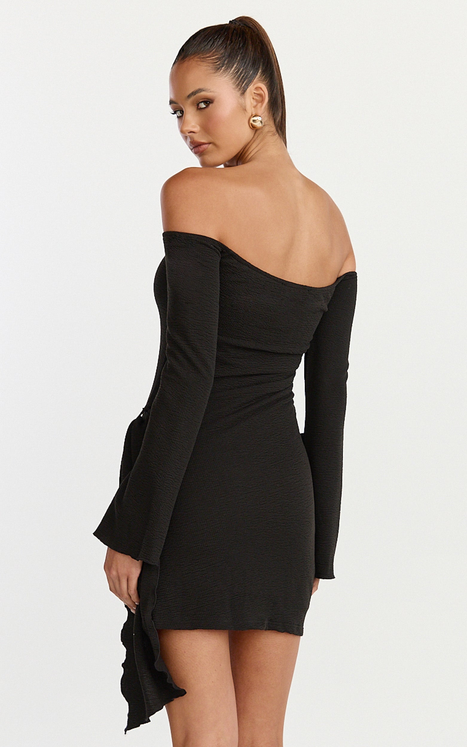 Noah Mini Dress - Off Shoulder Draped Skirt Jersey Dress in Black