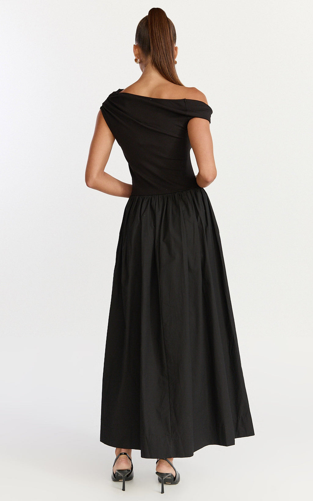 Jhamie Midi Dress - One Shoulder Contrast Skirt Dress in Black