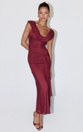 Zena Midi Dress - Cowl Neck Tie Detail Dress in Wine