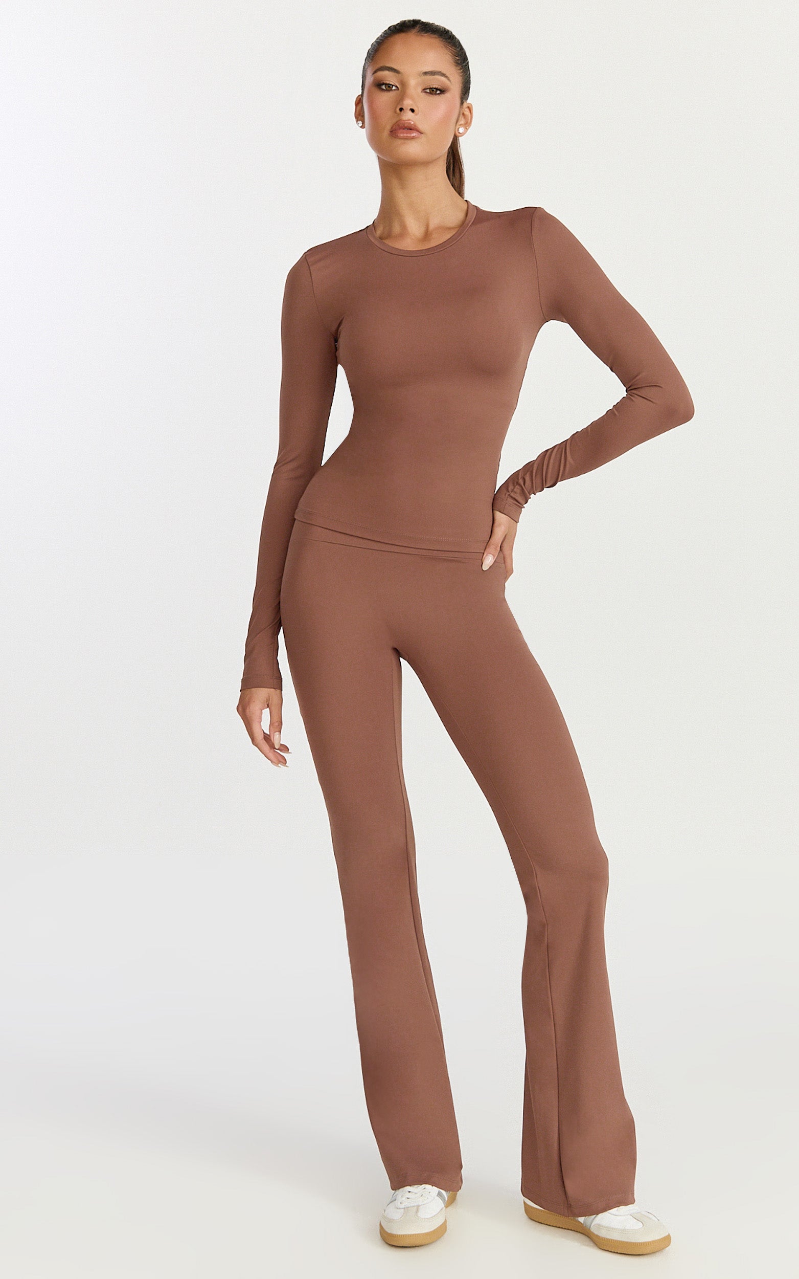 Aurora Pants - High Waist Flared Leggings in Cocoa Bean