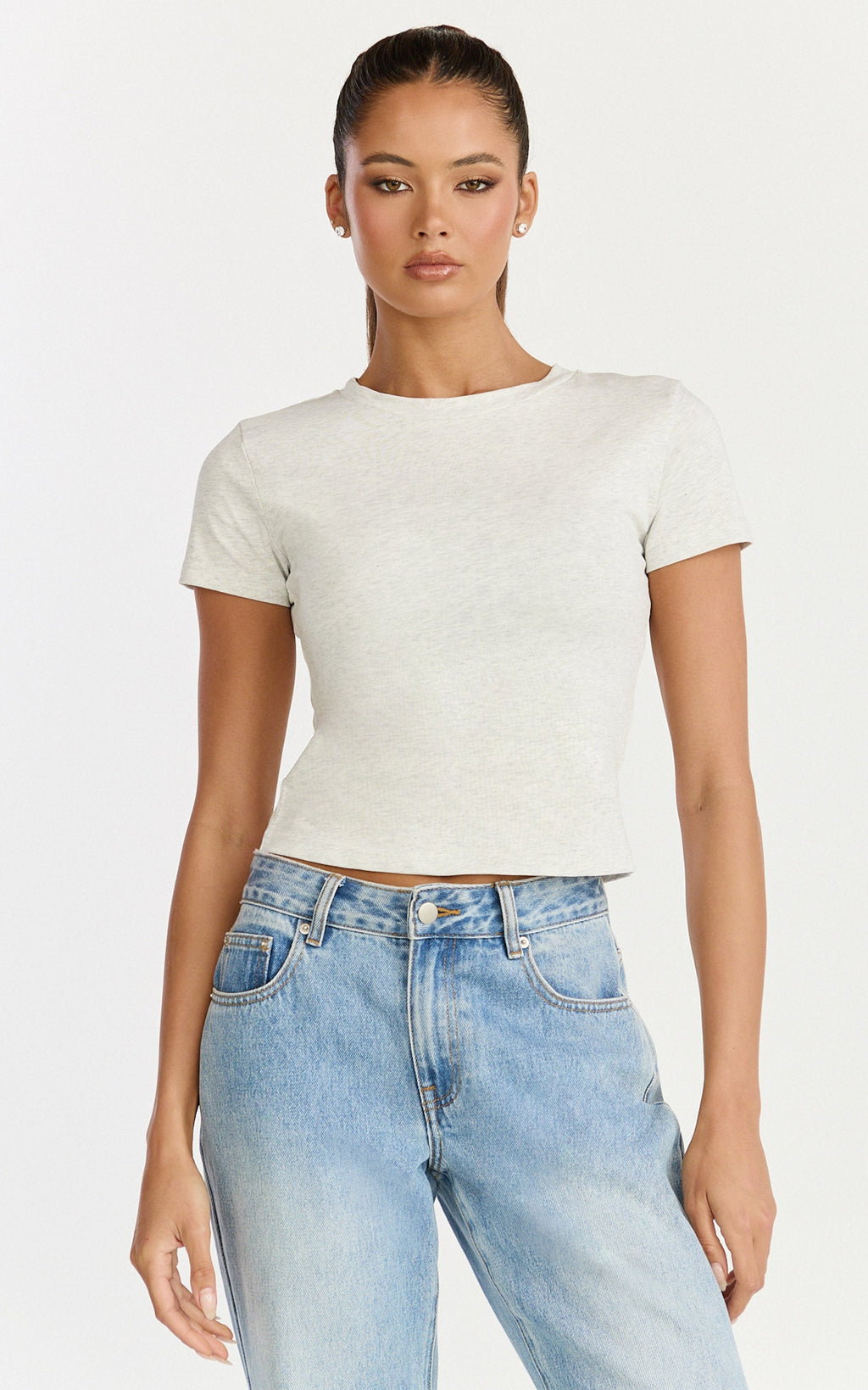 Georgina Top - Crew Neck Short Sleeve Baby Tee in Grey Marle