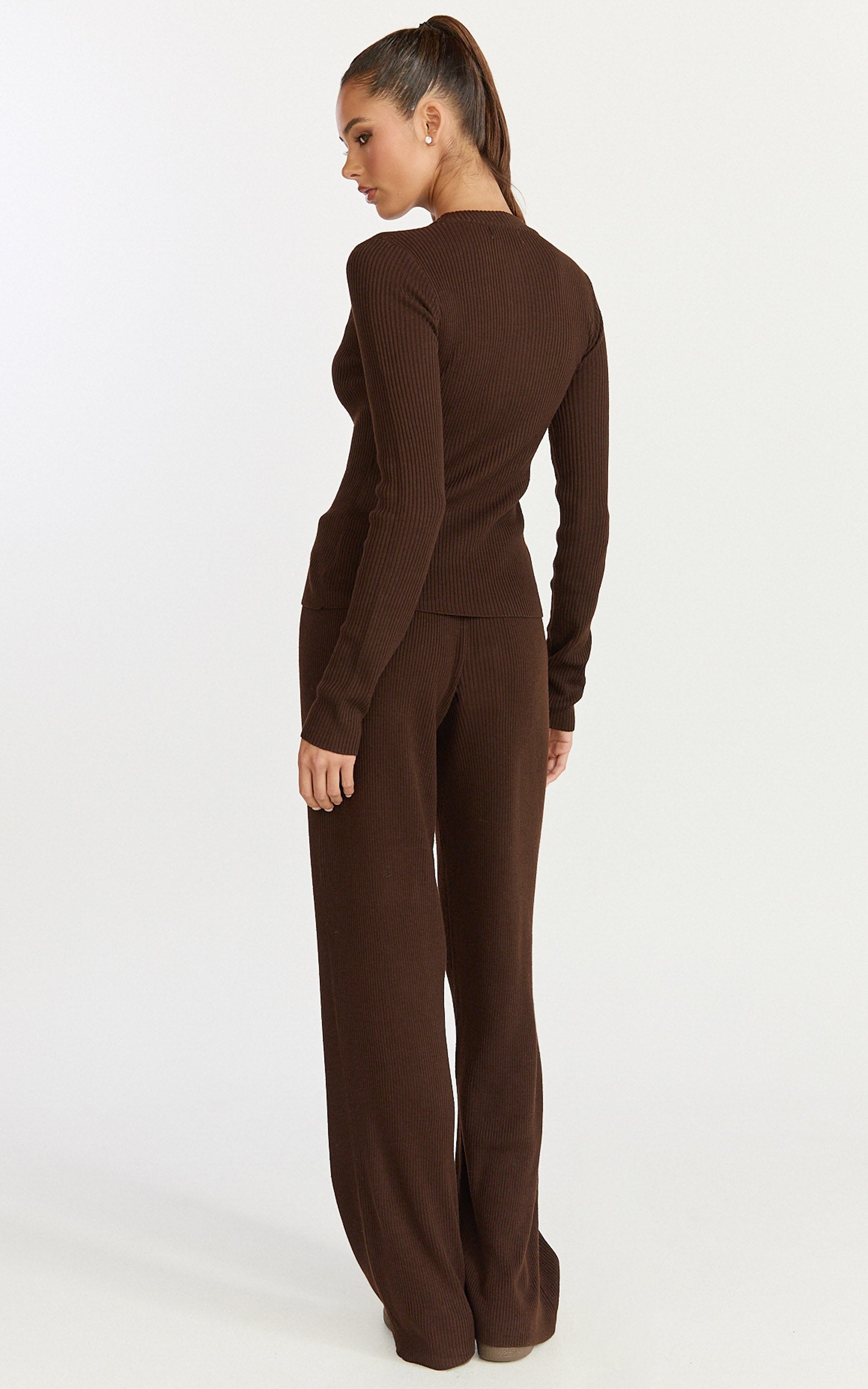 Indigo Top - Long Sleeve Button Down Knit Top in Chocolate