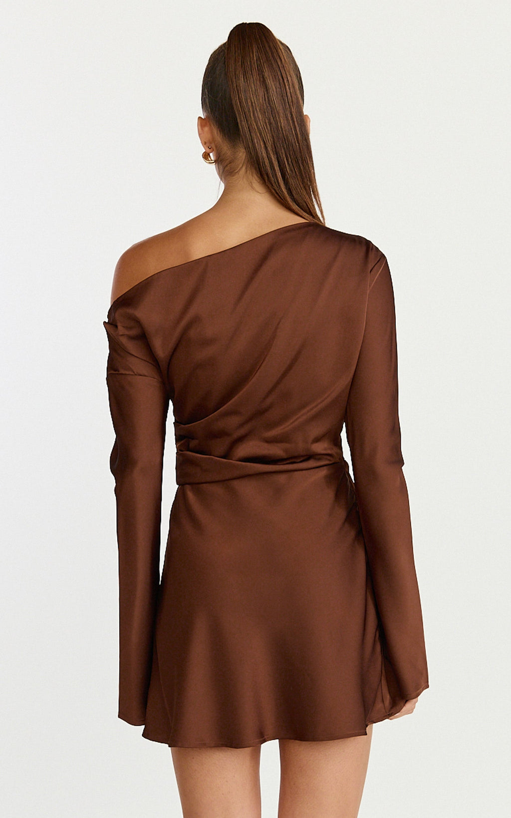 Sienna Mini Dress - Tipped Shoulder Long Sleeve Dress in Chocolate