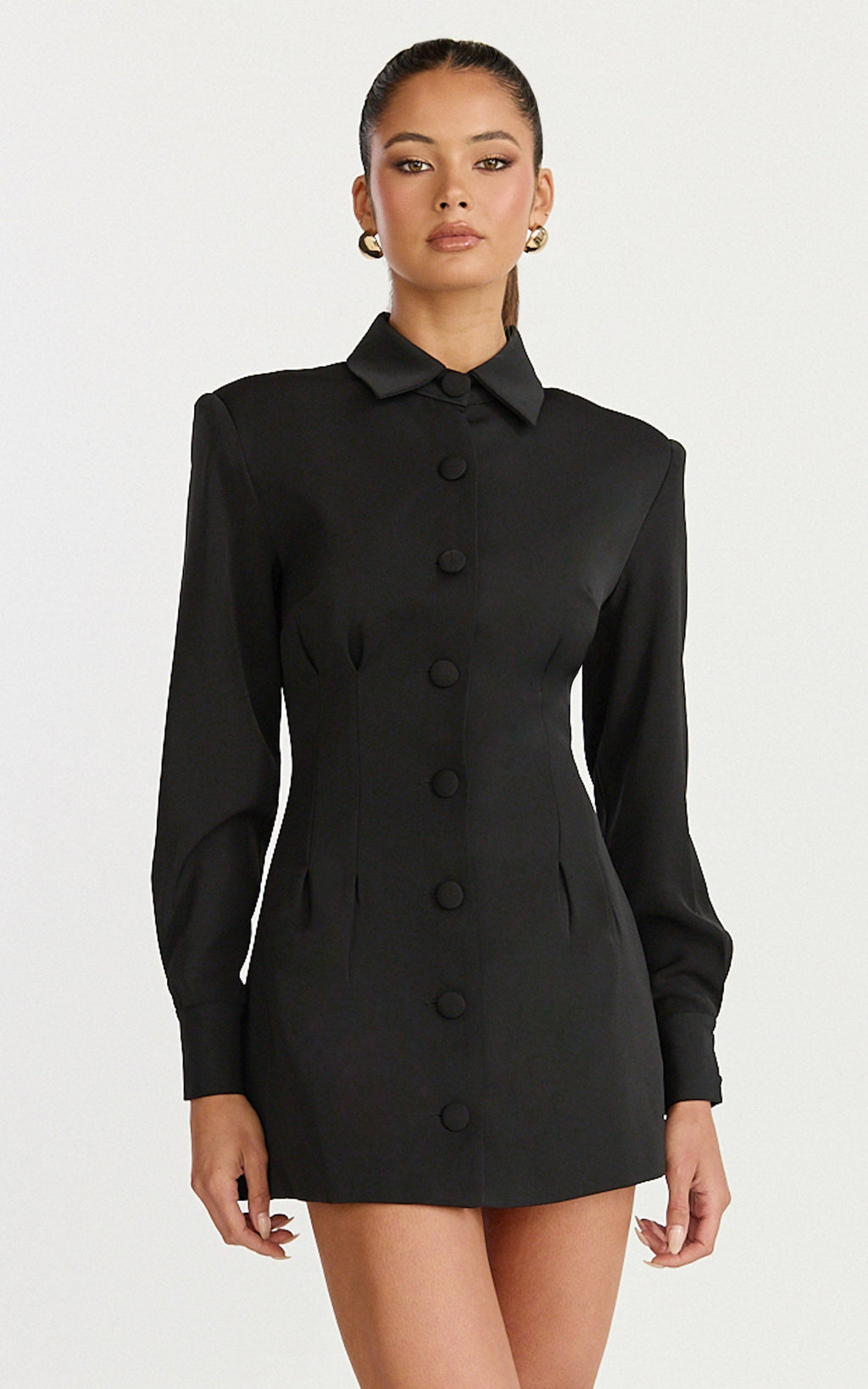 Thelma Mini Dress - Button Front Pleat Waist Tulip Skirt Shirtdress in Black