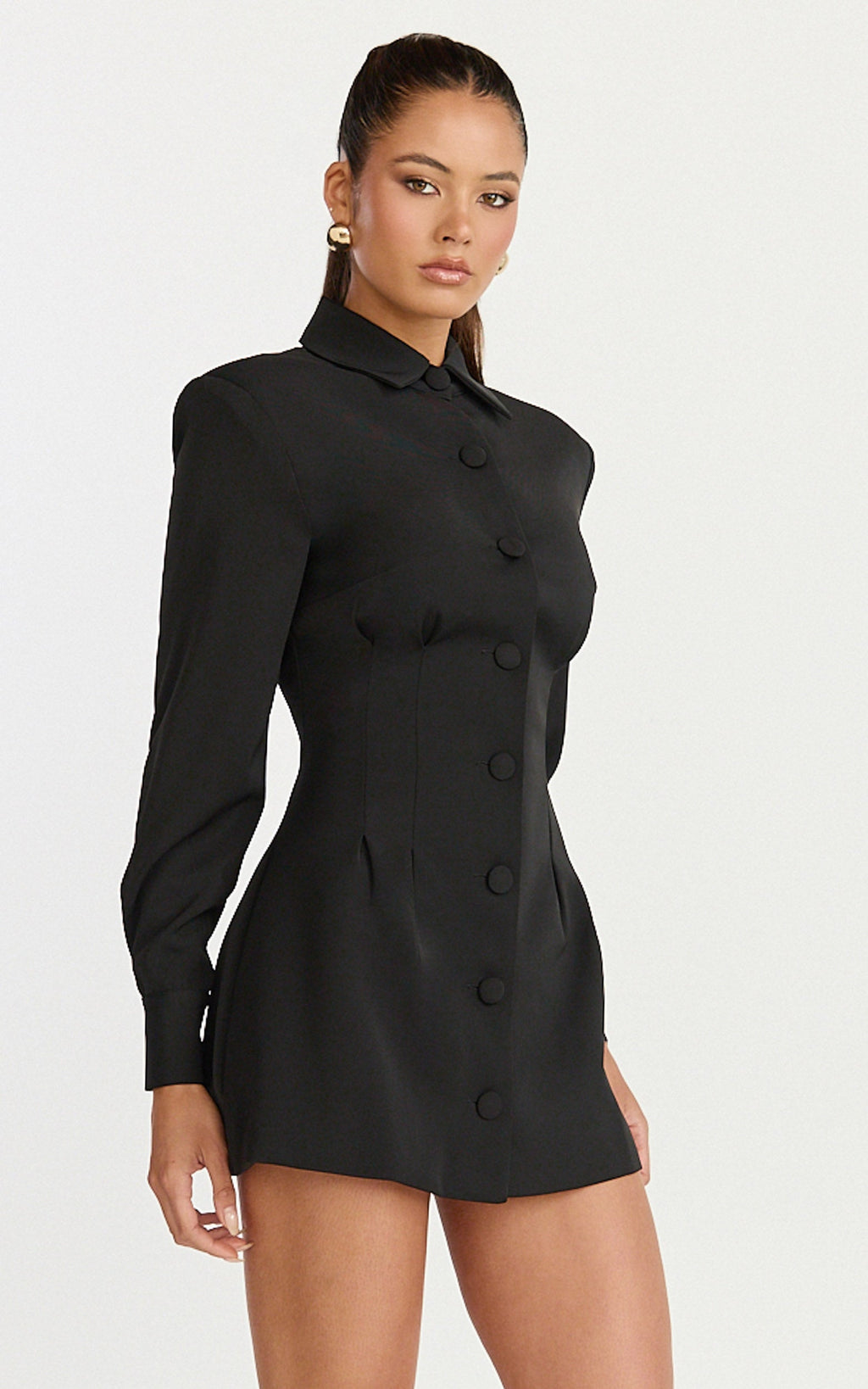 Thelma Mini Dress - Button Front Pleat Waist Tulip Skirt Shirtdress in Black