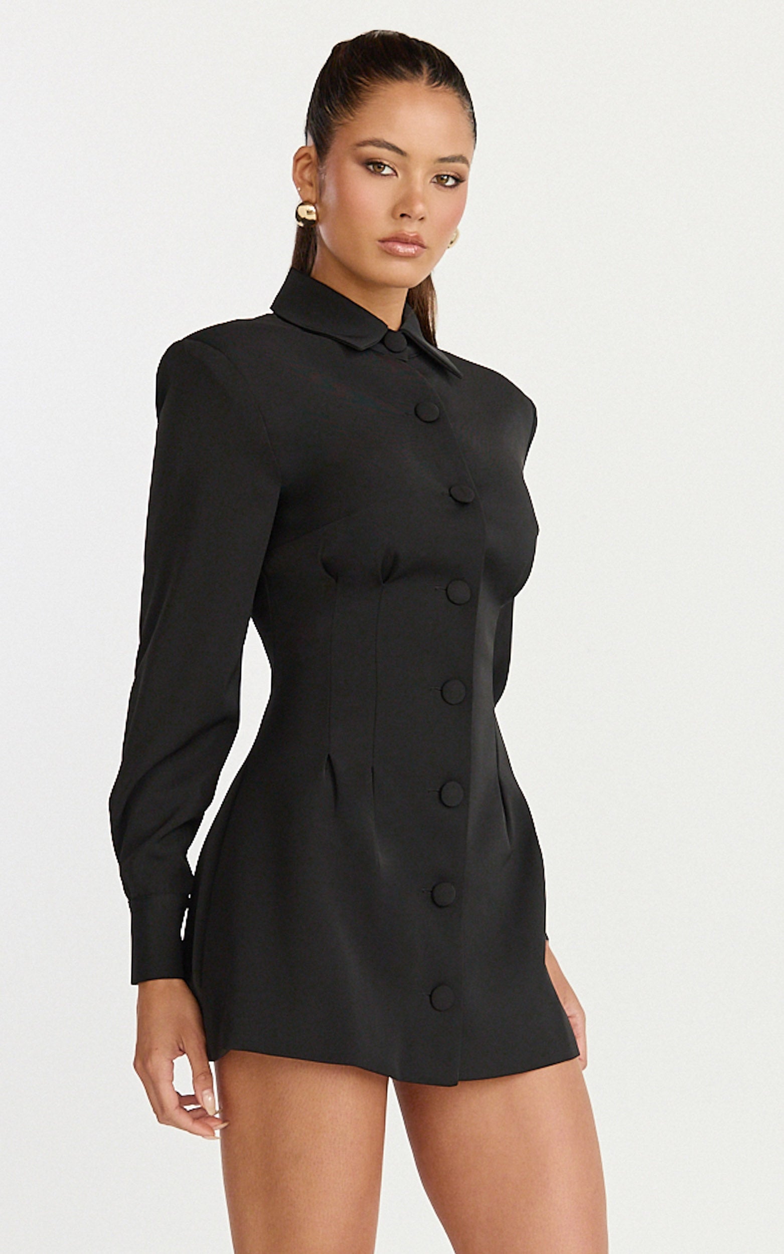 Thelma Mini Dress - Button Front Pleat Waist Tulip Skirt Shirtdress in Black