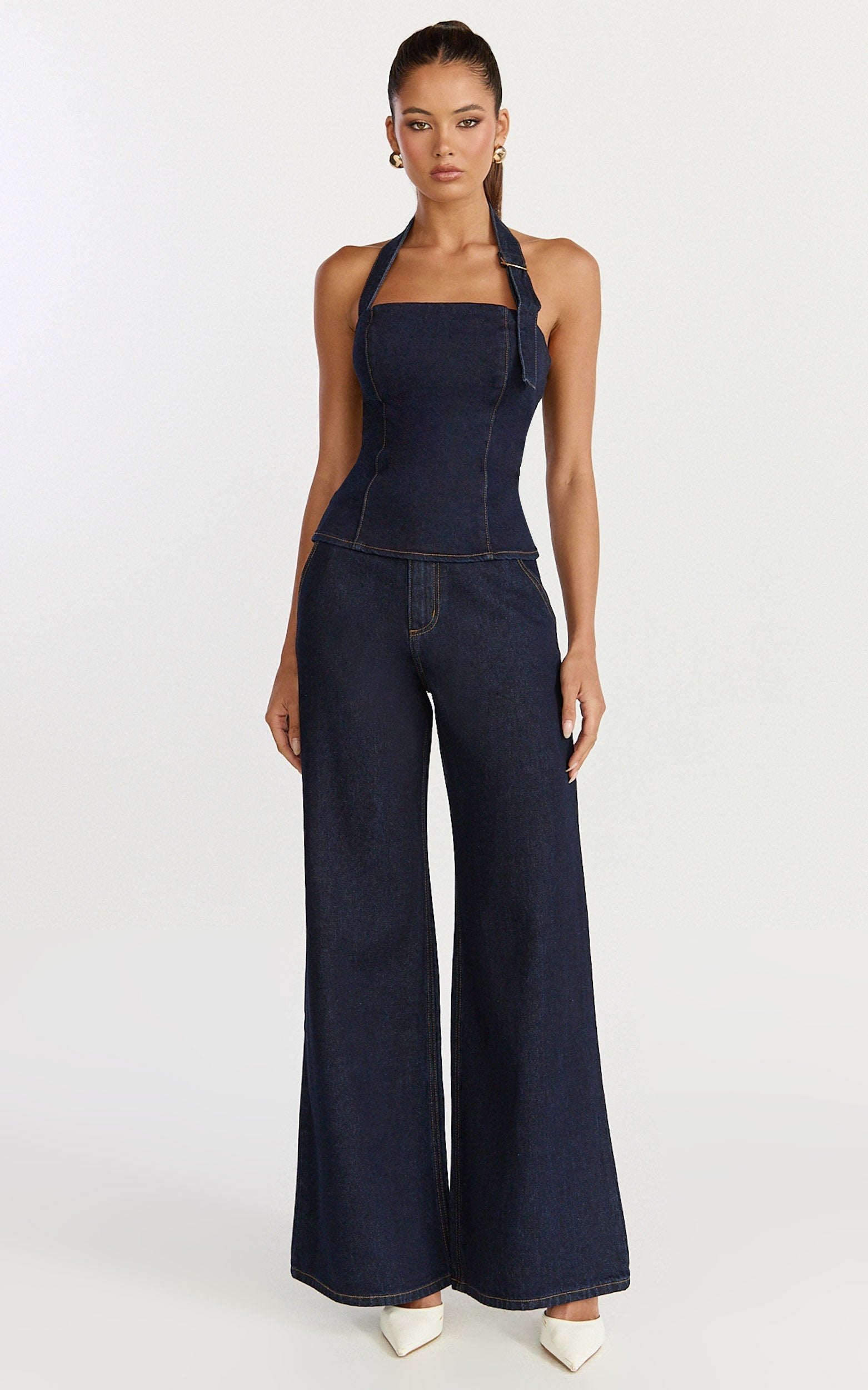 Nicky Top - Denim Hardware Buckle Halter Neck Top in Raw