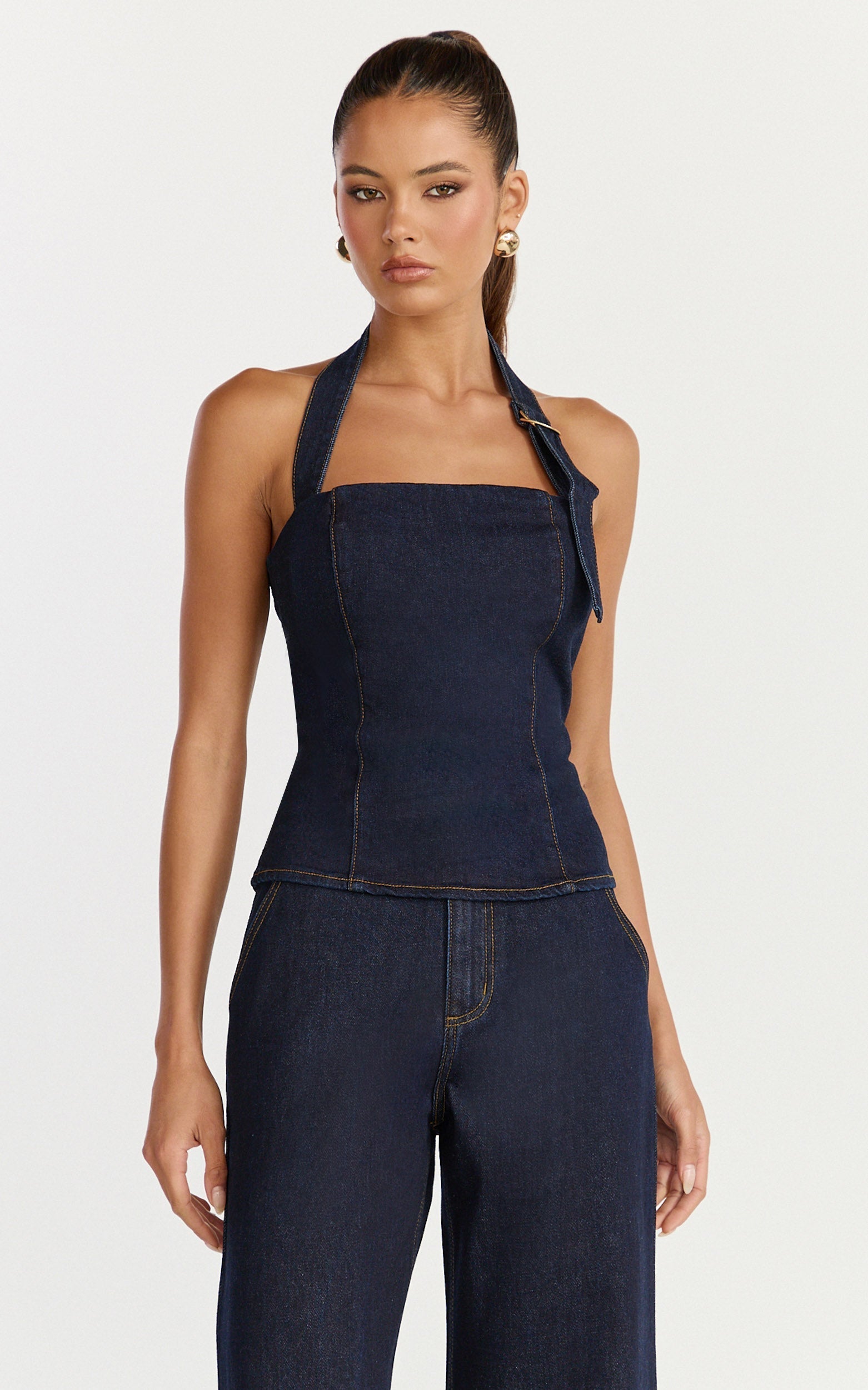 Nicky Top - Denim Hardware Buckle Halter Neck Top in Raw