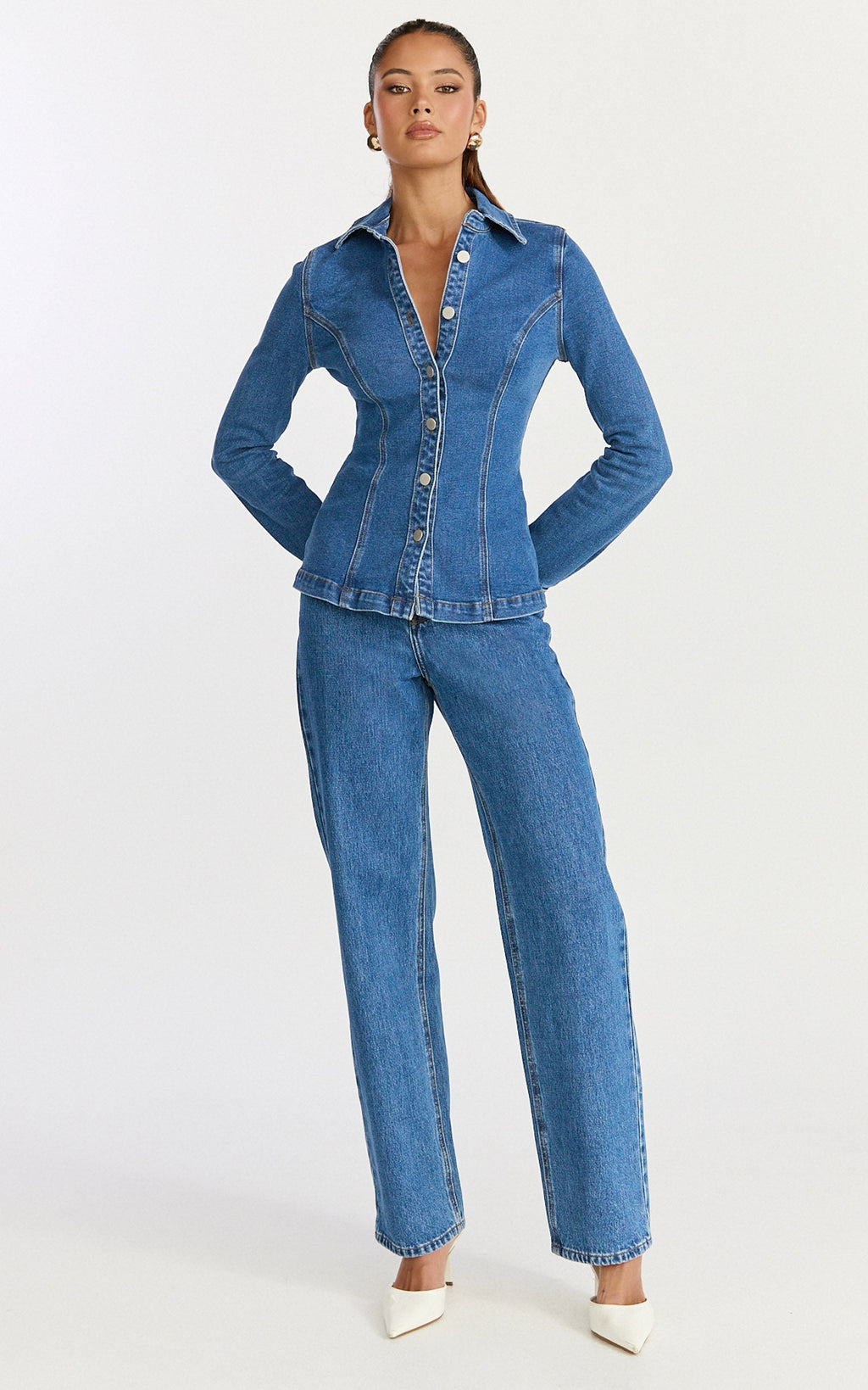 Inara Top - Button Down Long Sleeve Fitted Shirt in Dark Blue Wash
