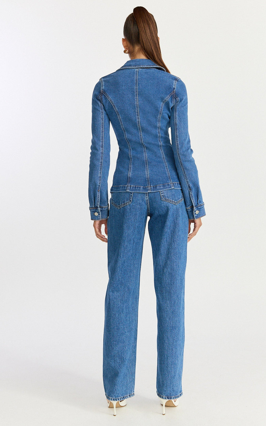 Inara Top - Button Down Long Sleeve Fitted Shirt in Dark Blue Wash
