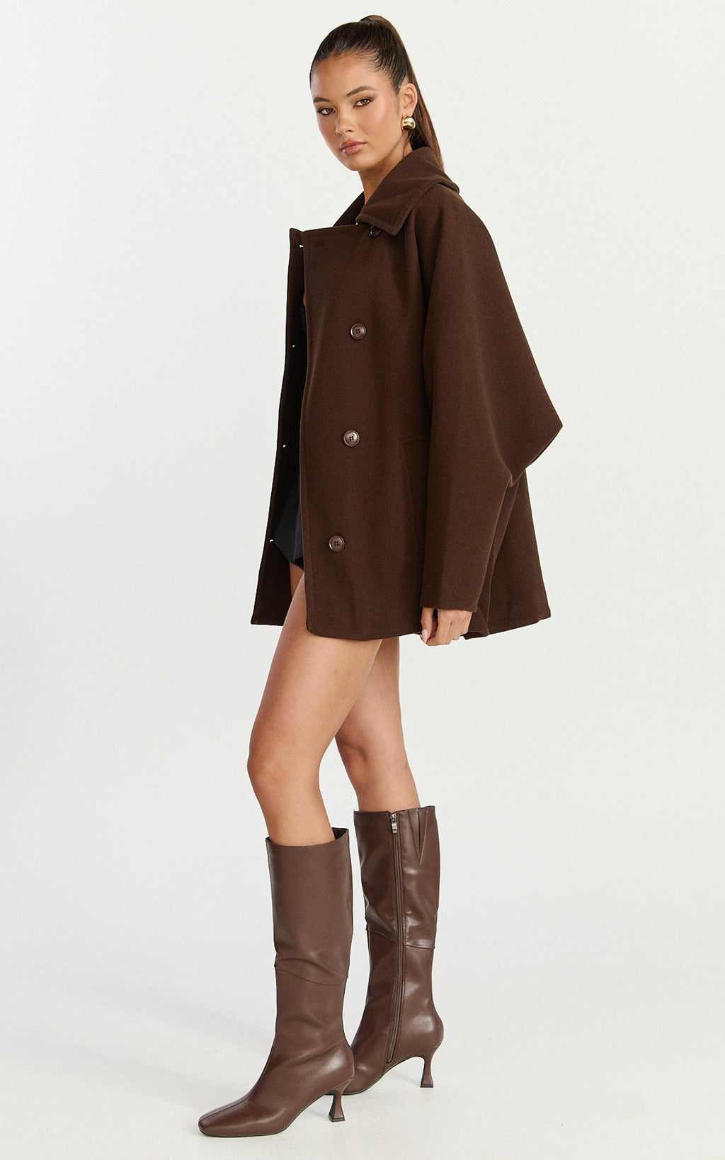 Rina Coat - Oversized Three Button Front Closure Coat in Chocolate