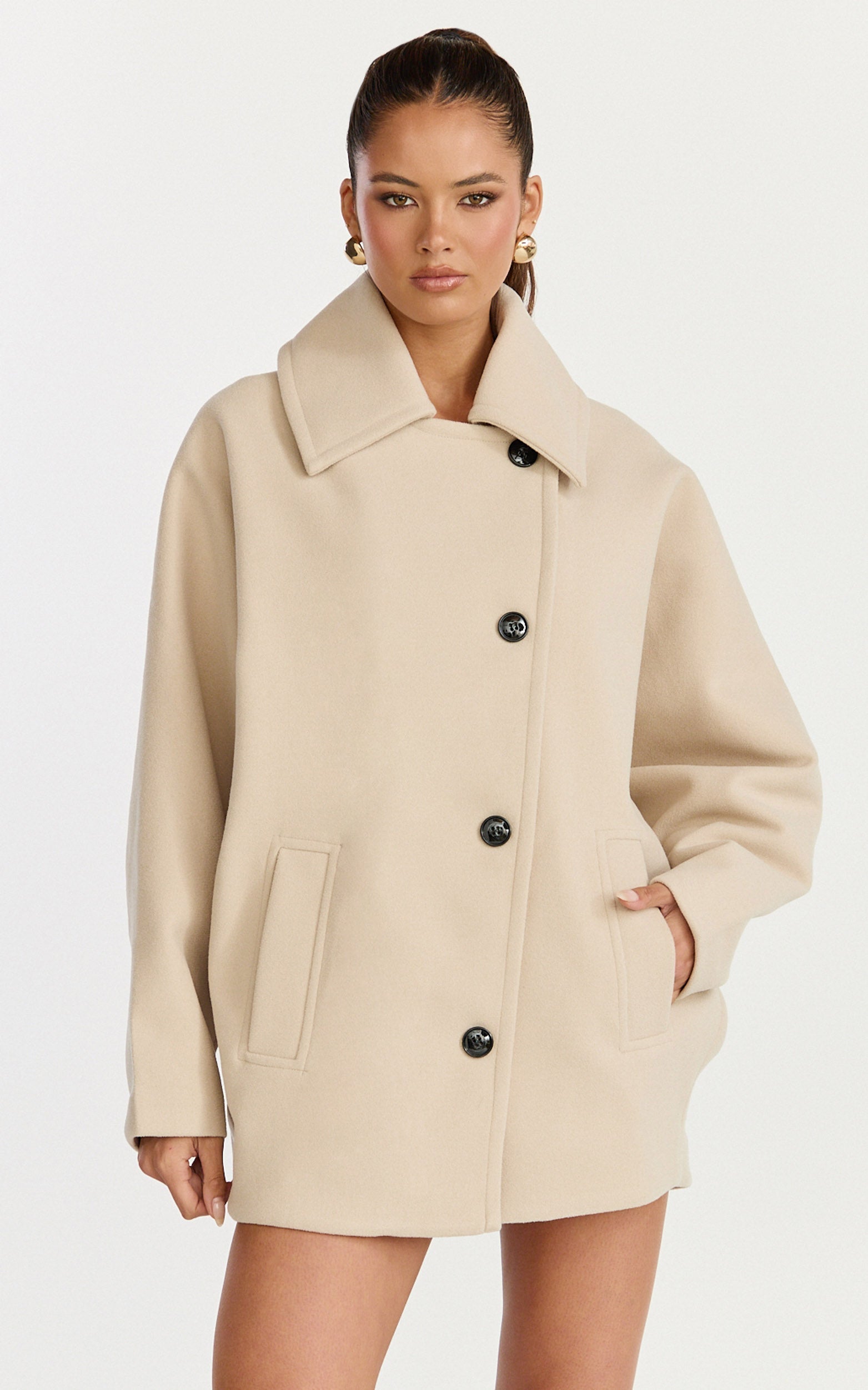 Rina Coat - Oversized Three Button Front Closure Coat in Cream