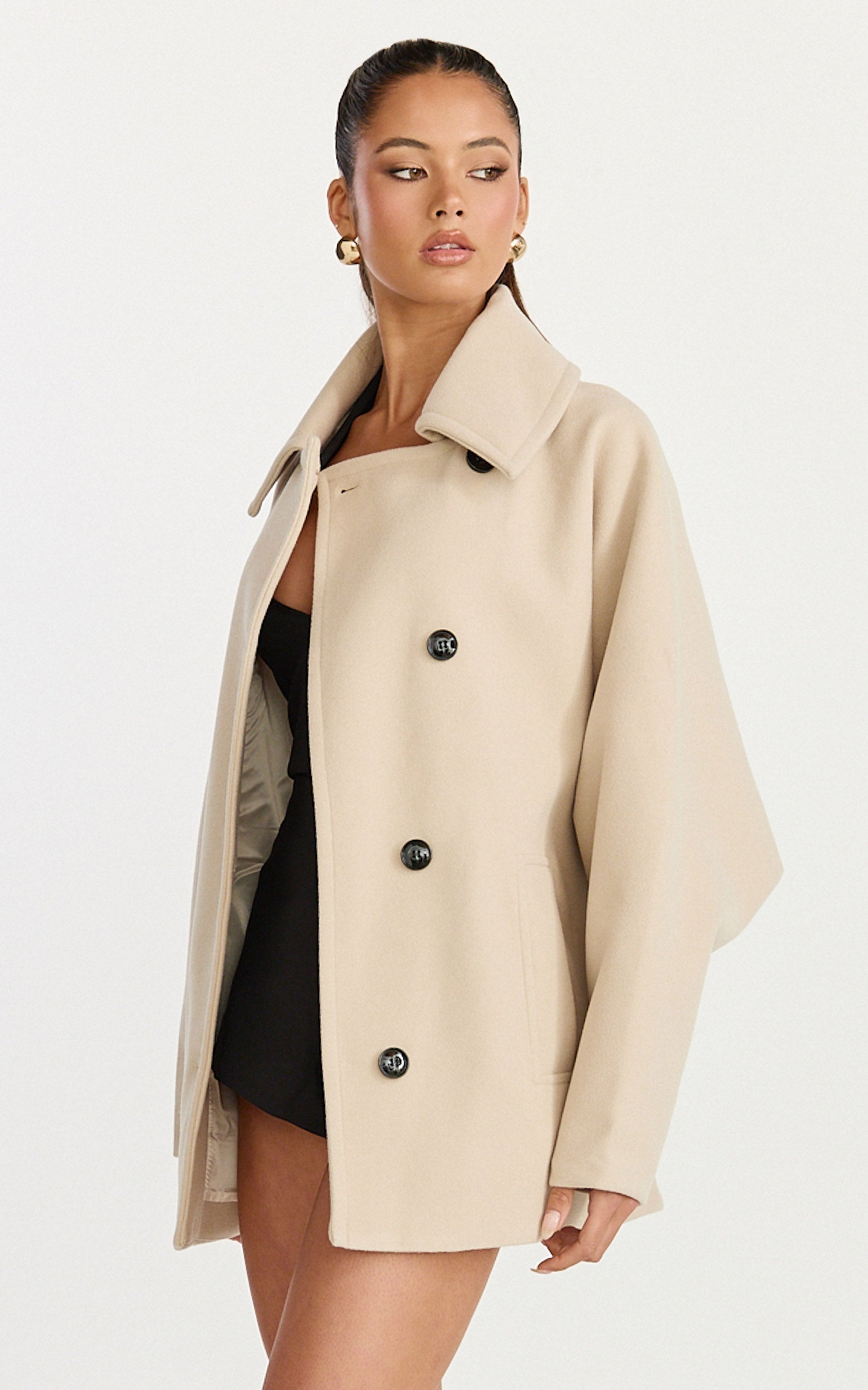 Rina Coat - Oversized Three Button Front Closure Coat in Cream