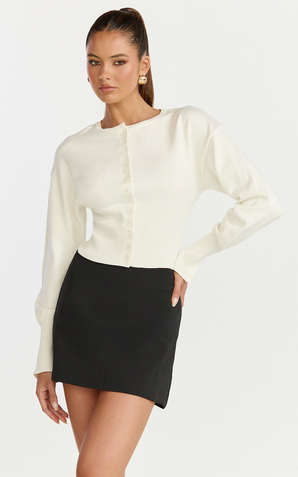 Ramsey Cardigan - Recycled Contoured Waist Button Down Cardigan in Ivory