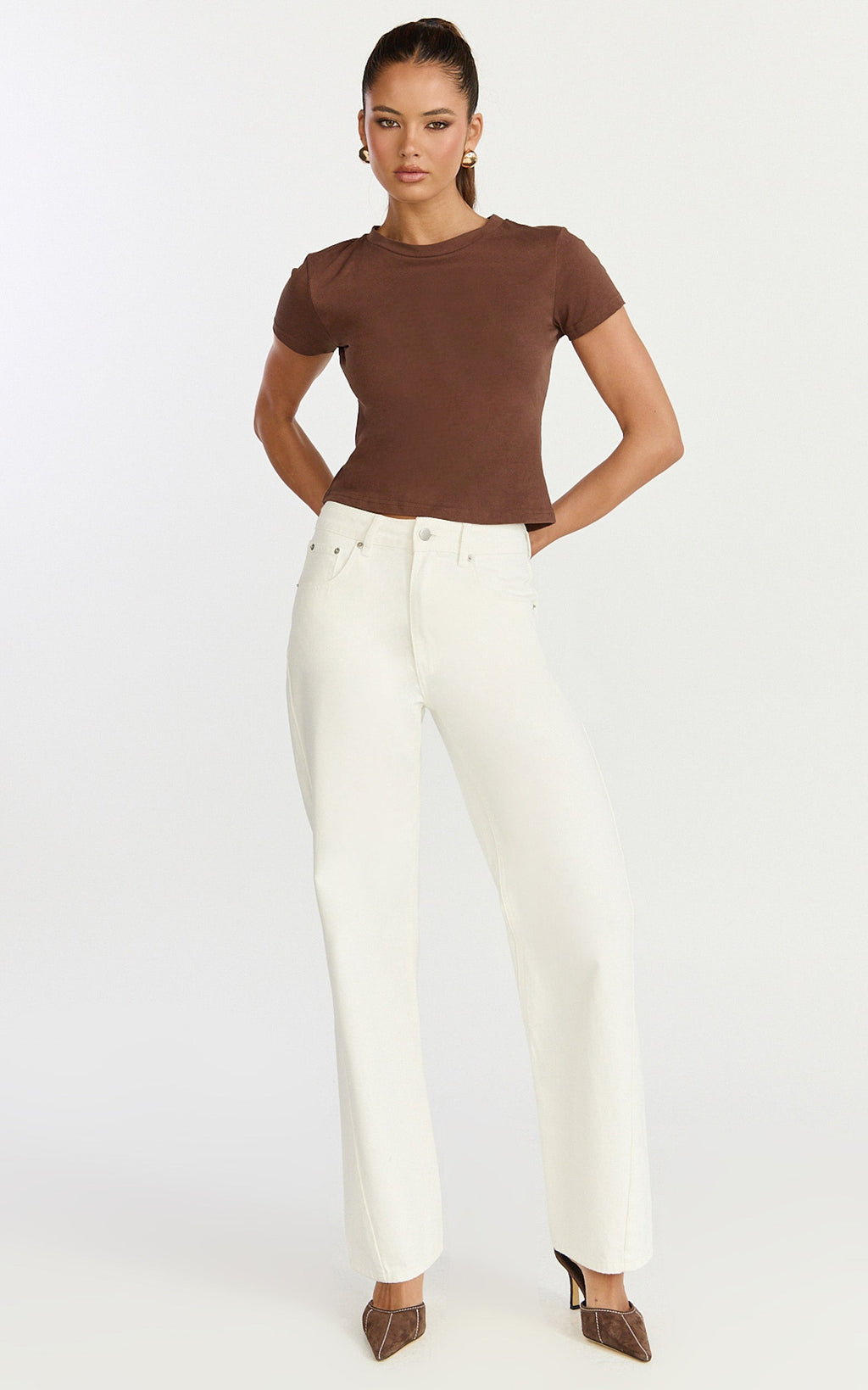 Georgina Top - Crew Neck Short Sleeve Baby Tee in Chocolate