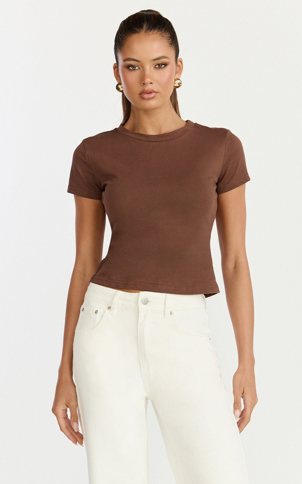 Georgina Top - Crew Neck Short Sleeve Baby Tee in Chocolate
