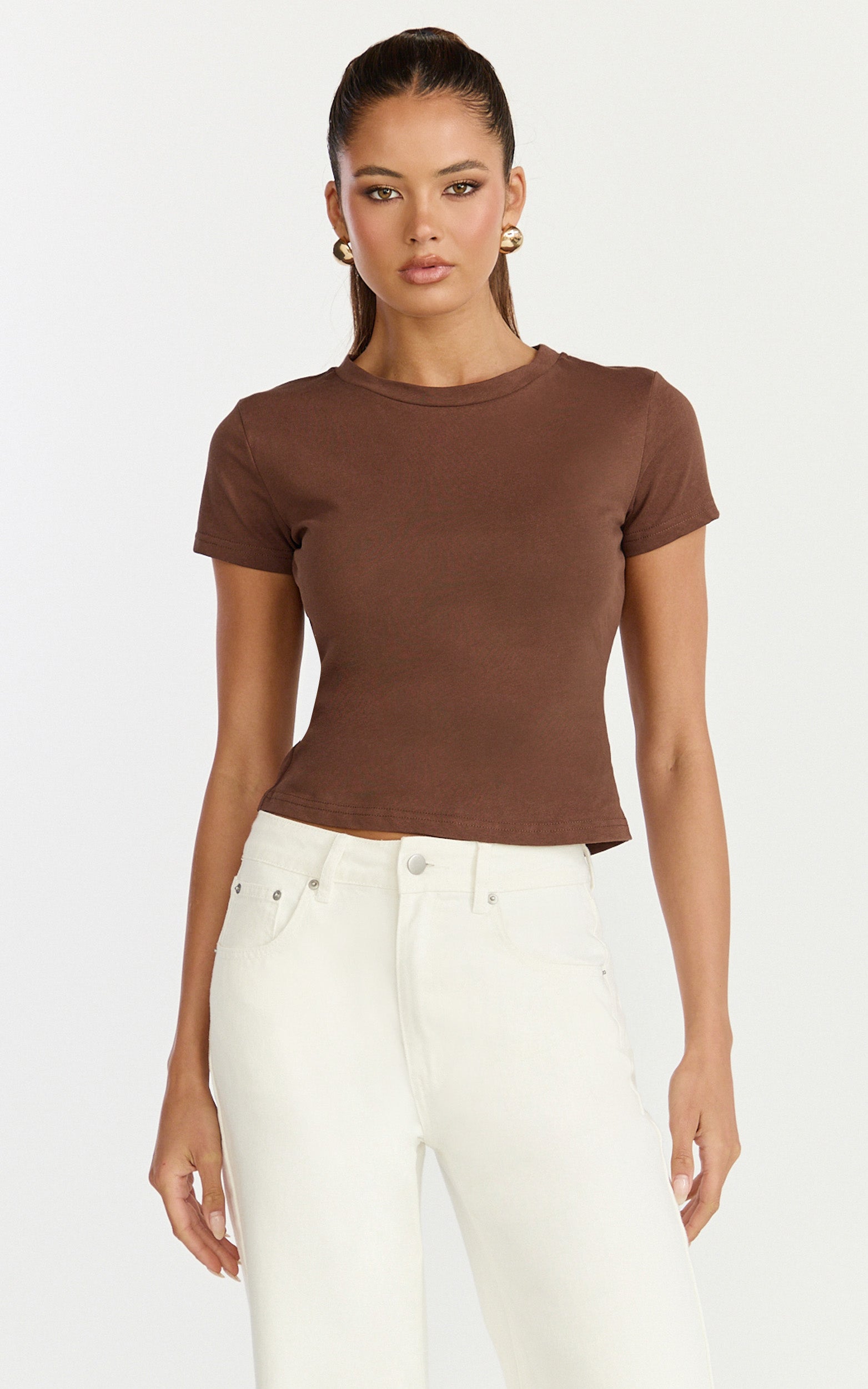 Georgina Top - Crew Neck Short Sleeve Baby Tee in Chocolate