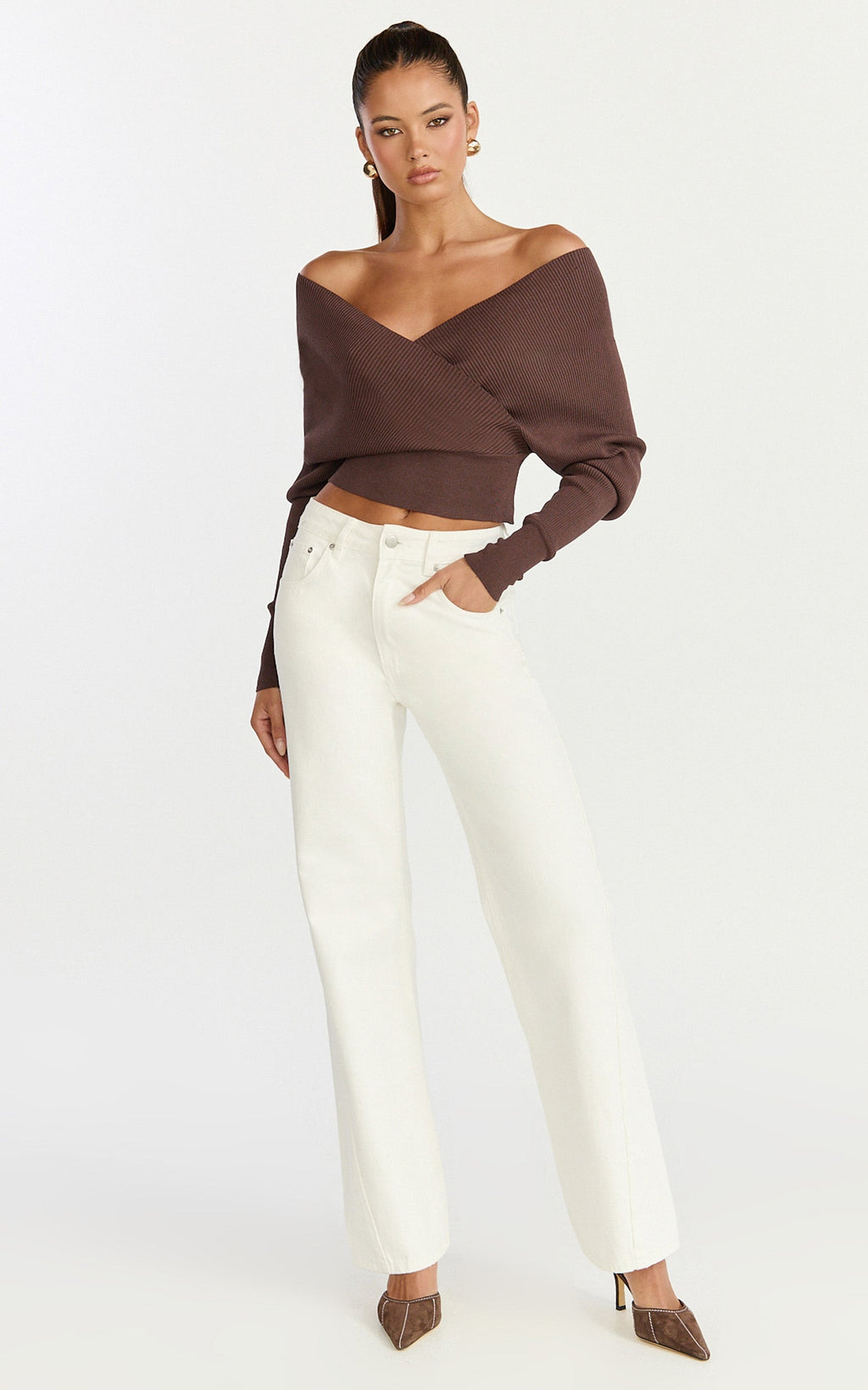 Petra Top - Long Sleeve Wrap Ribbed Knit Top in Chocolate