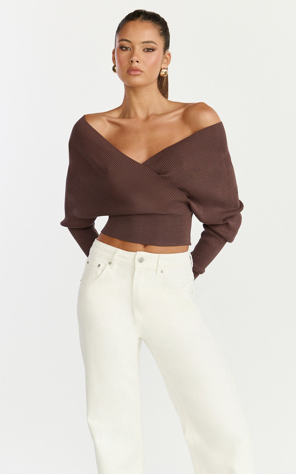 Petra Top - Long Sleeve Wrap Ribbed Knit Top in Chocolate
