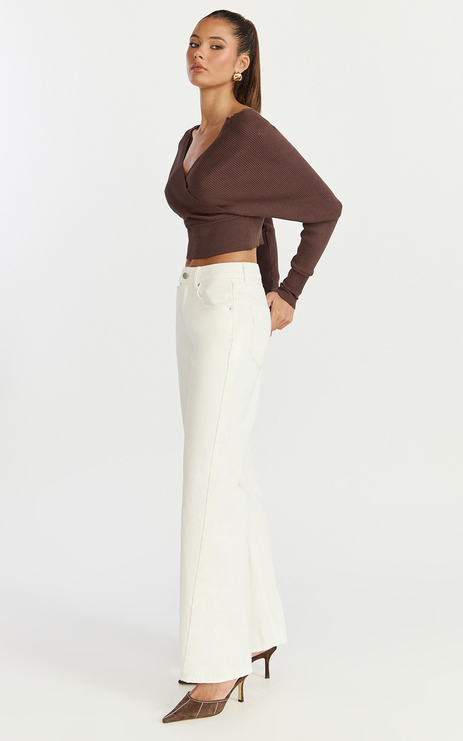 Petra Top - Long Sleeve Wrap Ribbed Knit Top in Chocolate
