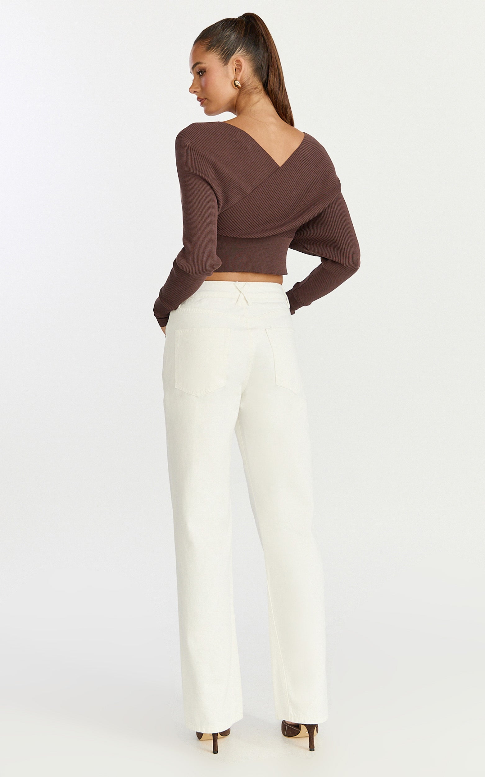 Petra Top - Long Sleeve Wrap Ribbed Knit Top in Chocolate
