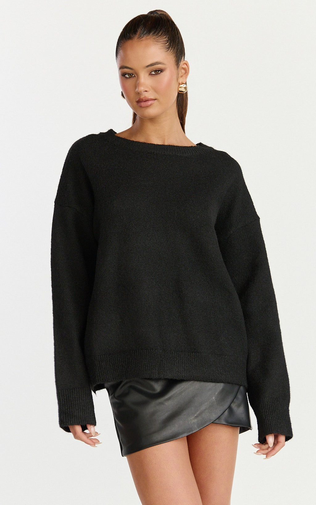 Amanda Jumper - Crew Neck Long Sleeve Knit Sweater in Black